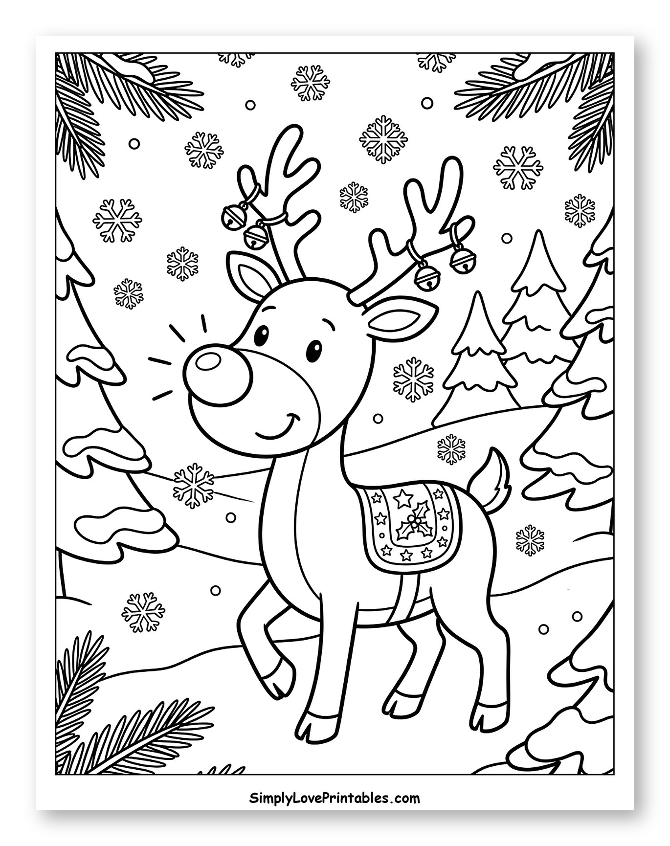 Happy Rudolph Standing in a Winter Wonderland Coloring Sheet for Kids