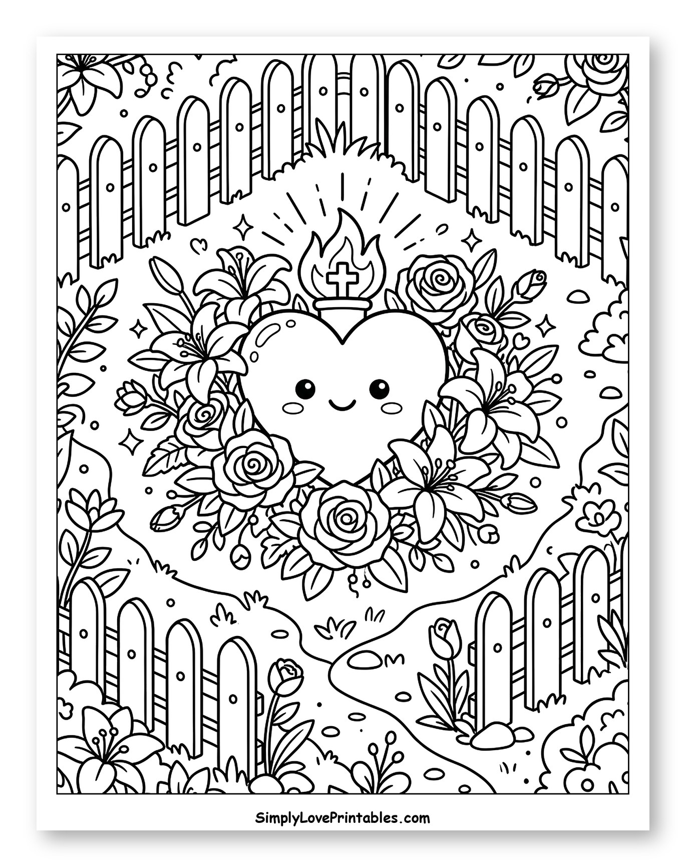 Happy Sacred Heart with Flowers in a Garden to Color for Kids