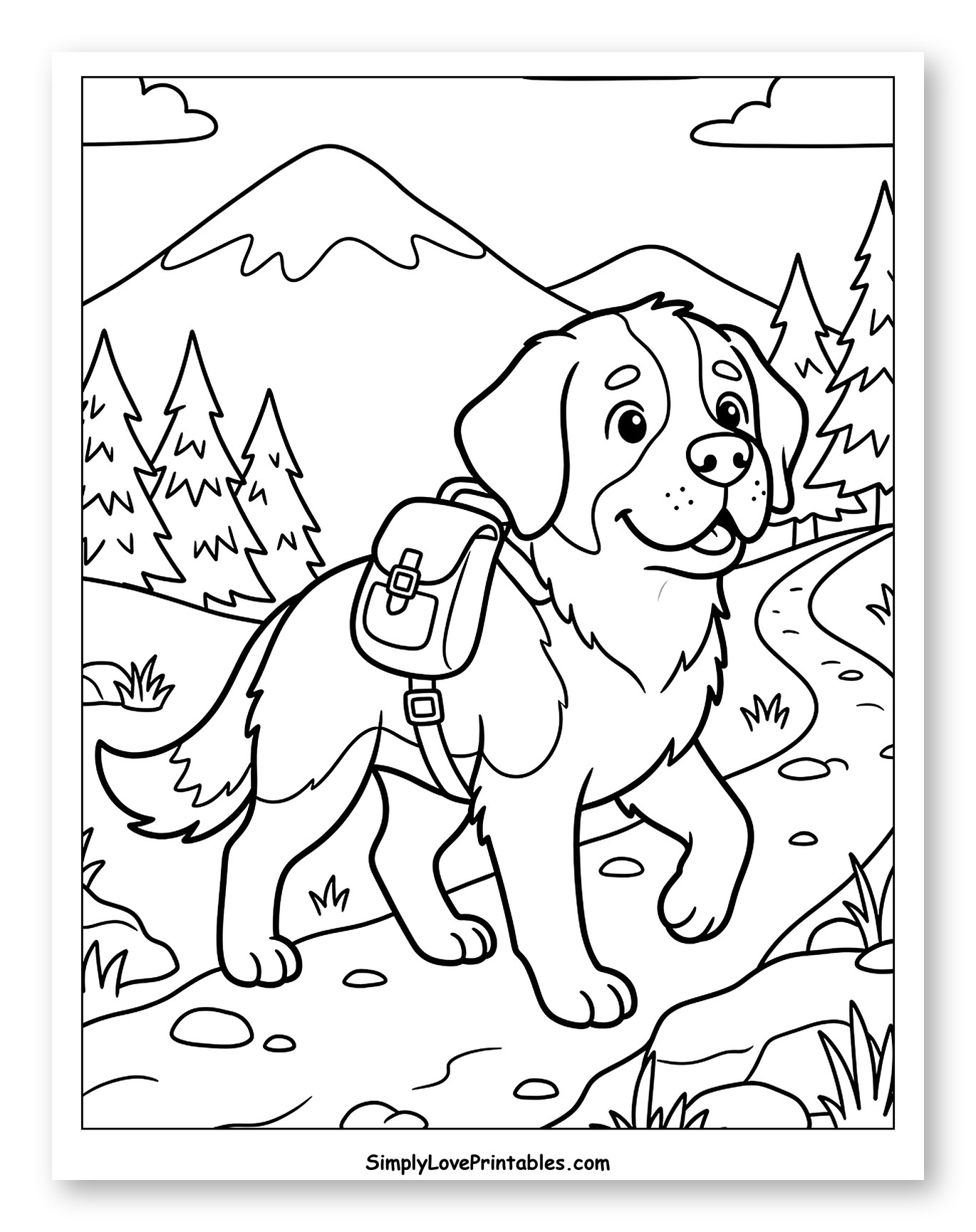 Happy Saint Bernard Dog Hiking with Backpack