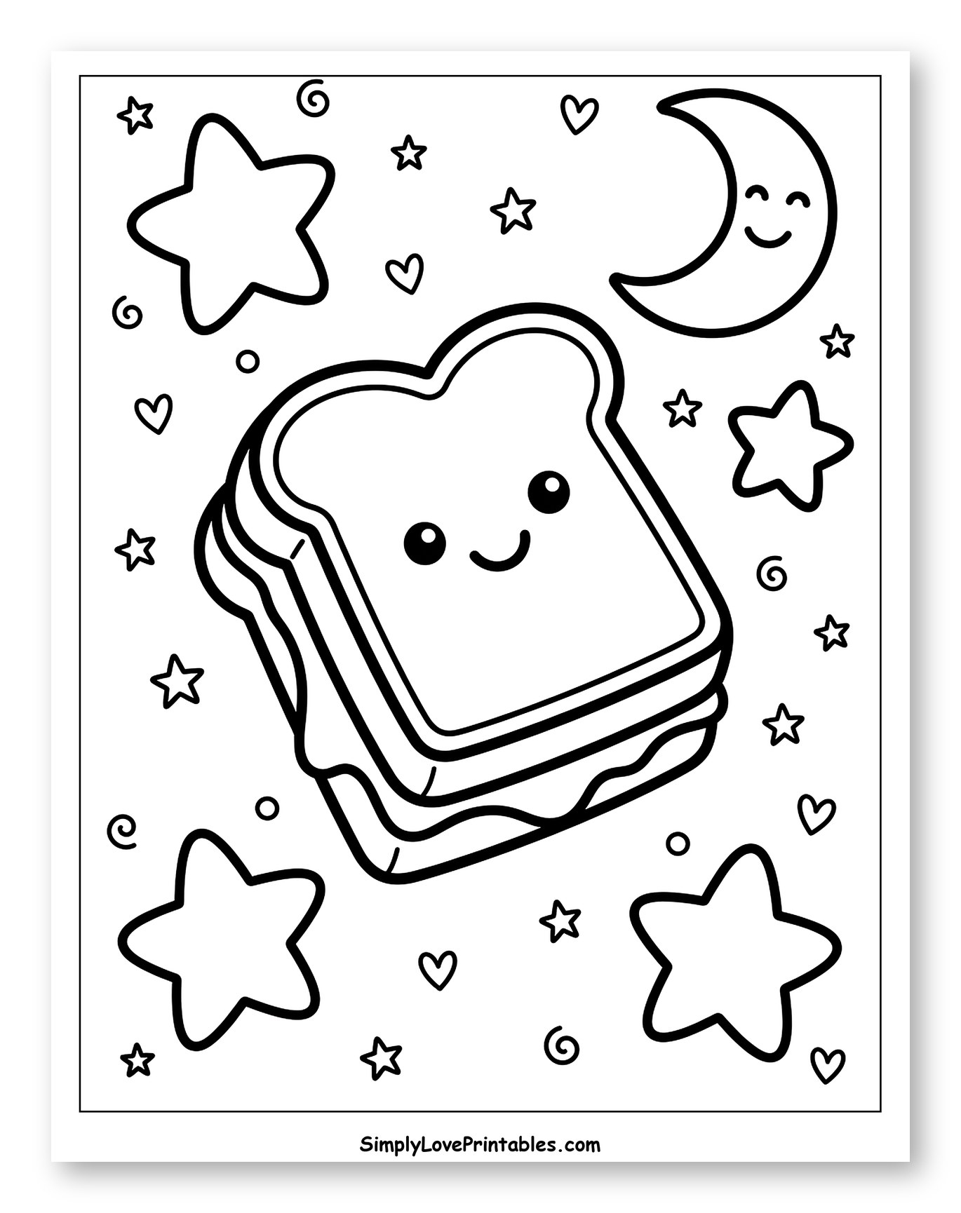 Happy Sandwich Among Stars and Hearts to Color for Adults