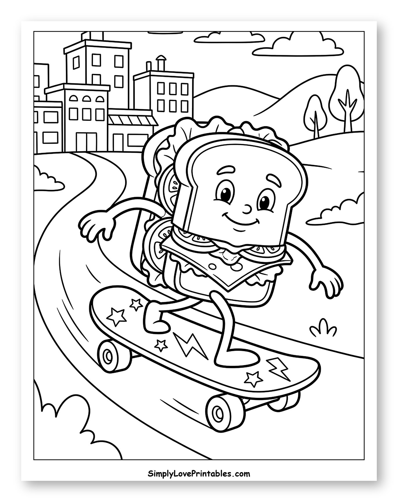 Happy Sandwich Character Skateboarding Down a Road Coloring Sheet for Kids