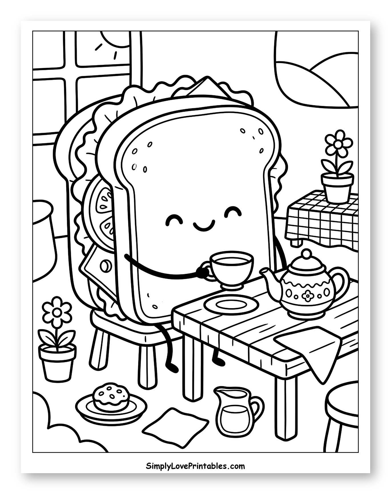 Happy Sandwich Drinking Tea by Window to Color for Kids