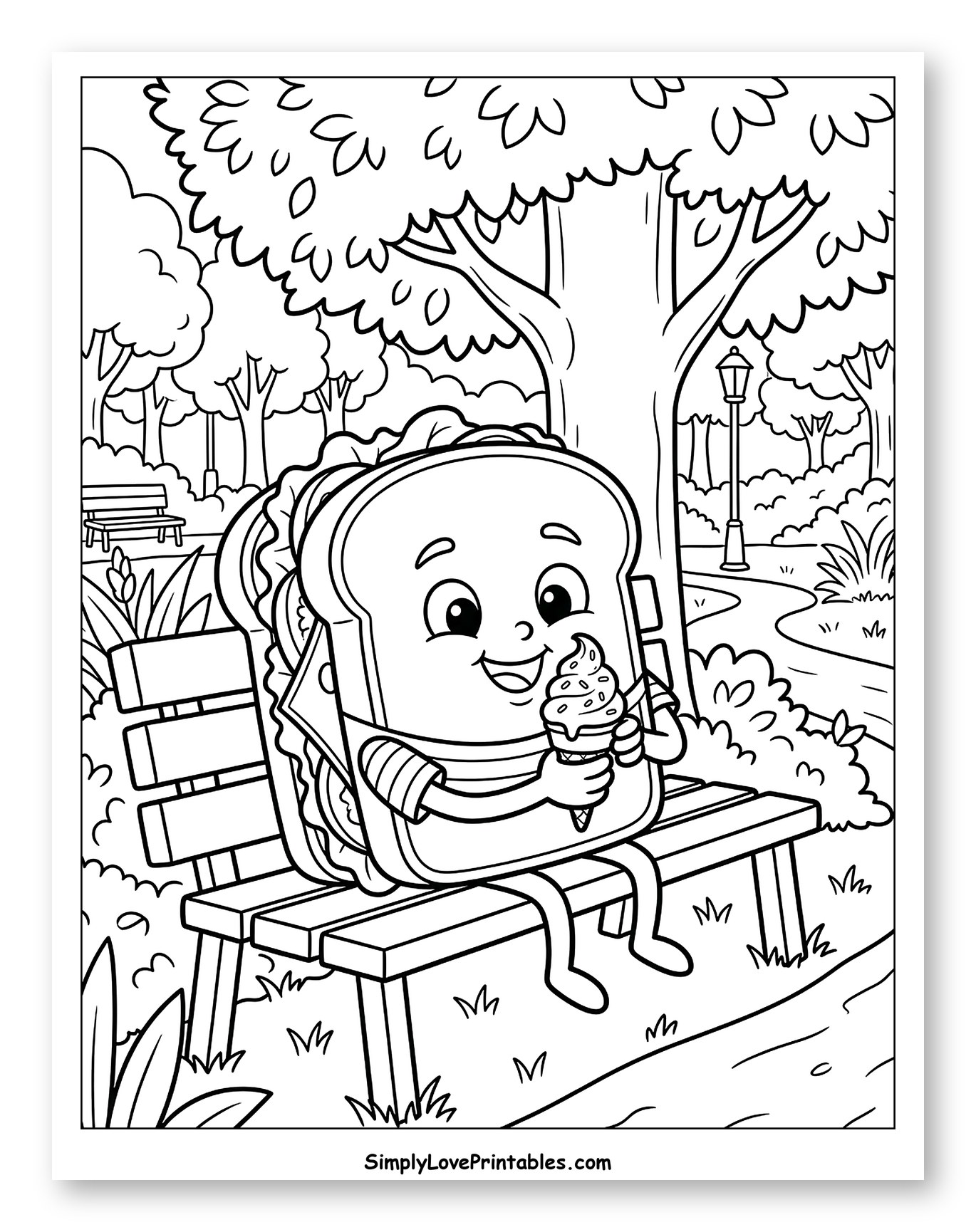 Happy Sandwich Eating Ice Cream in Park to Color for Kids