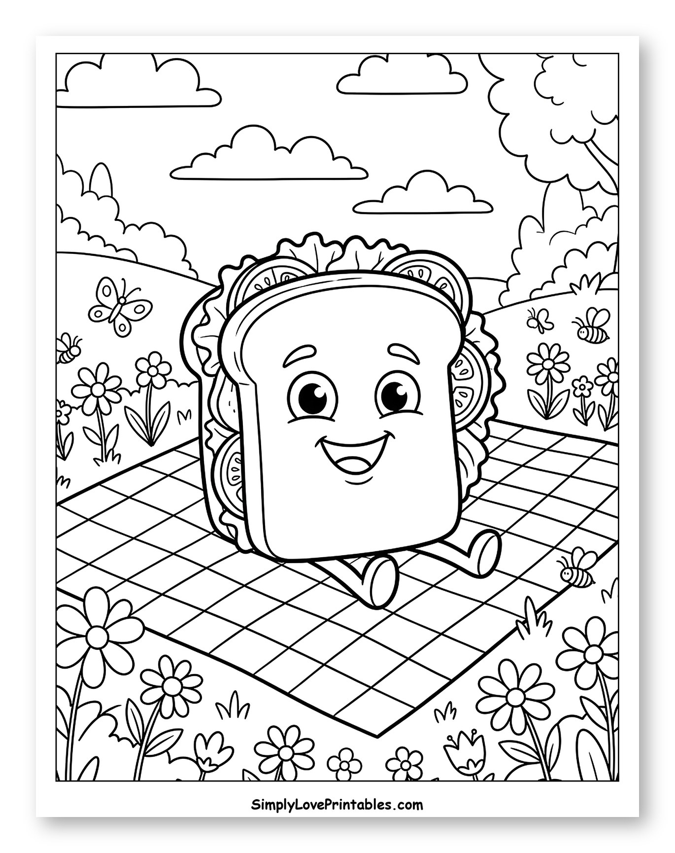 Happy Sandwich Having a Picnic to Color for Kids