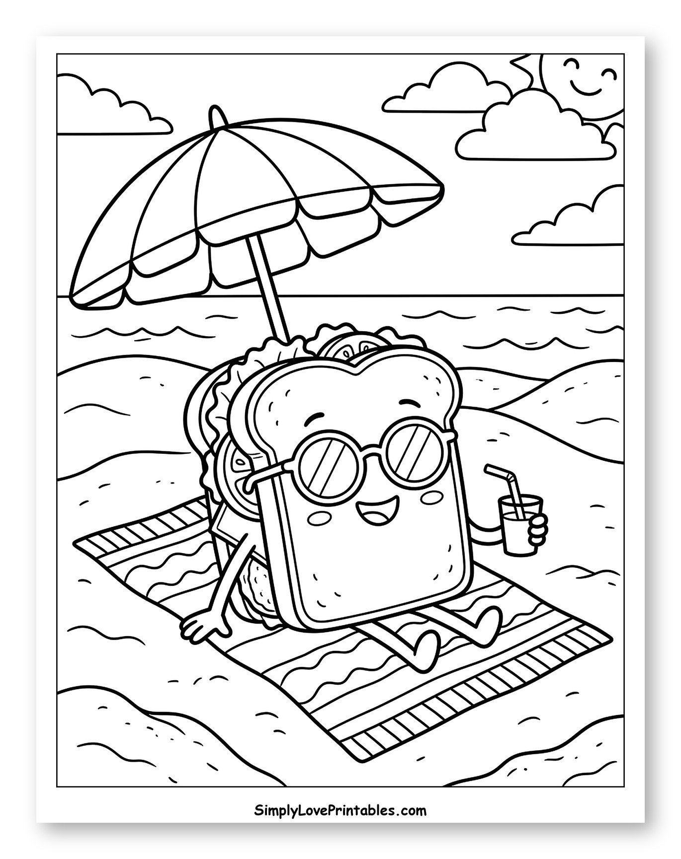 Happy Sandwich Relaxing on the Beach Coloring Page for Kids