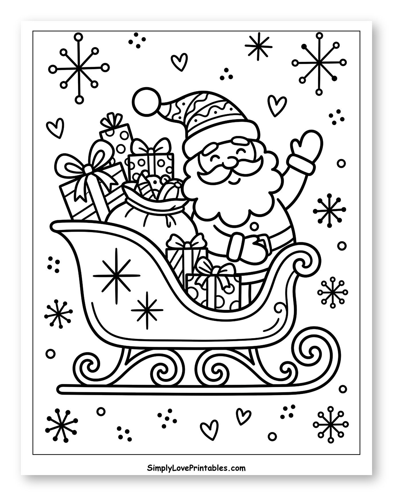 Happy Santa Waving from His Gift-Filled Sleigh Coloring Page for Adults