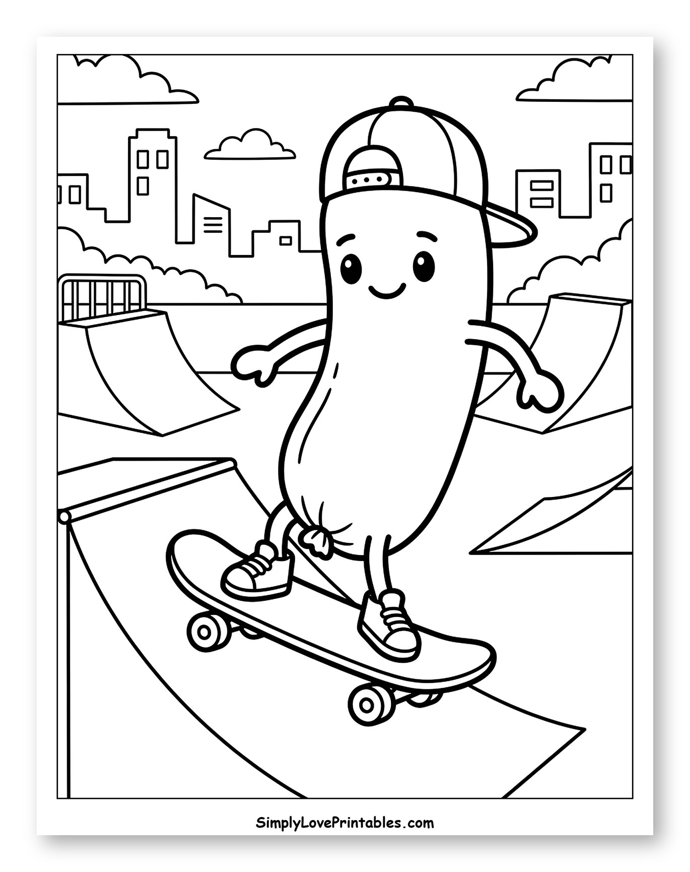 Happy Sausage Character Skateboarding Coloring Sheet for Kids
