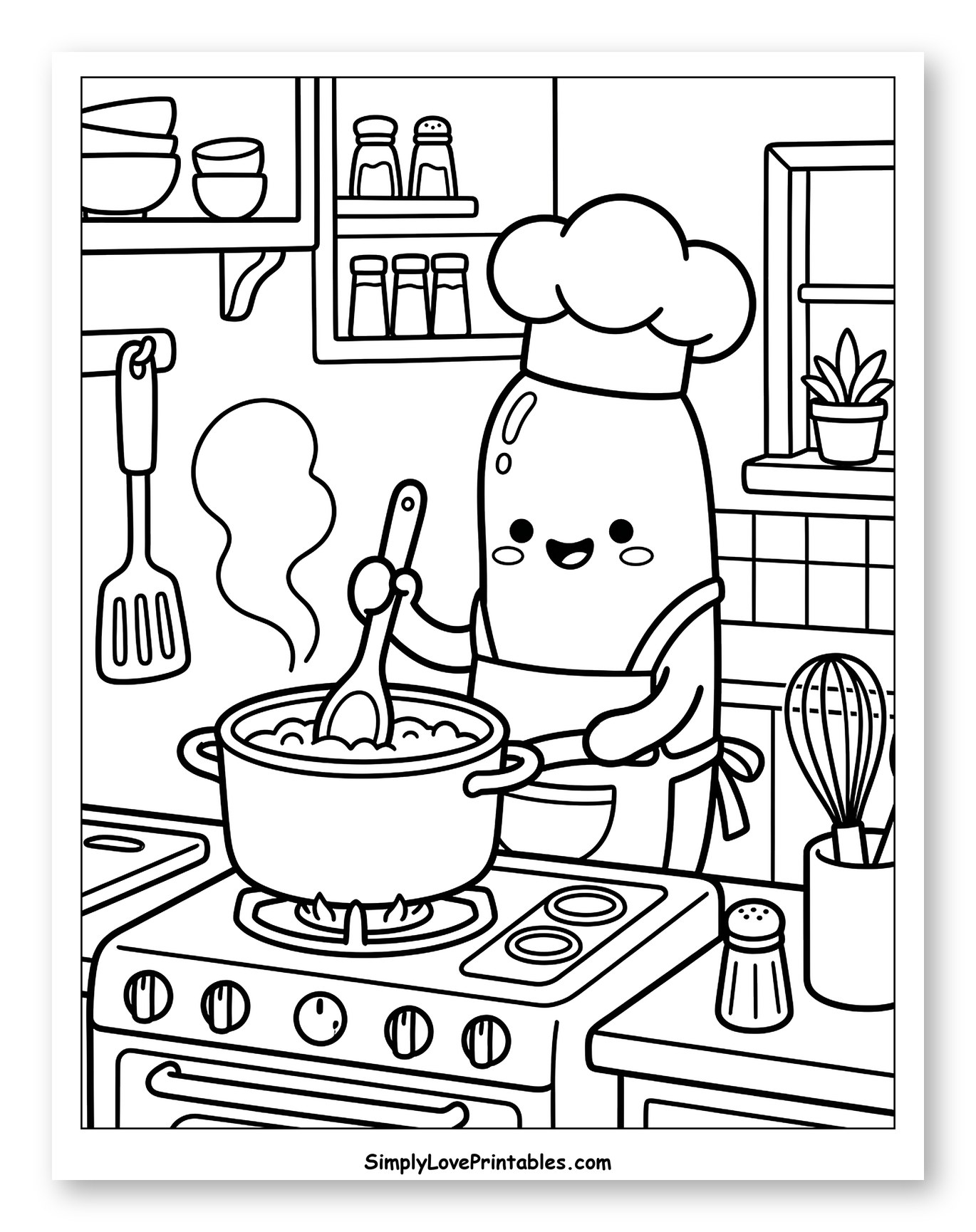 Happy Sausage Chef Cooking in Kitchen