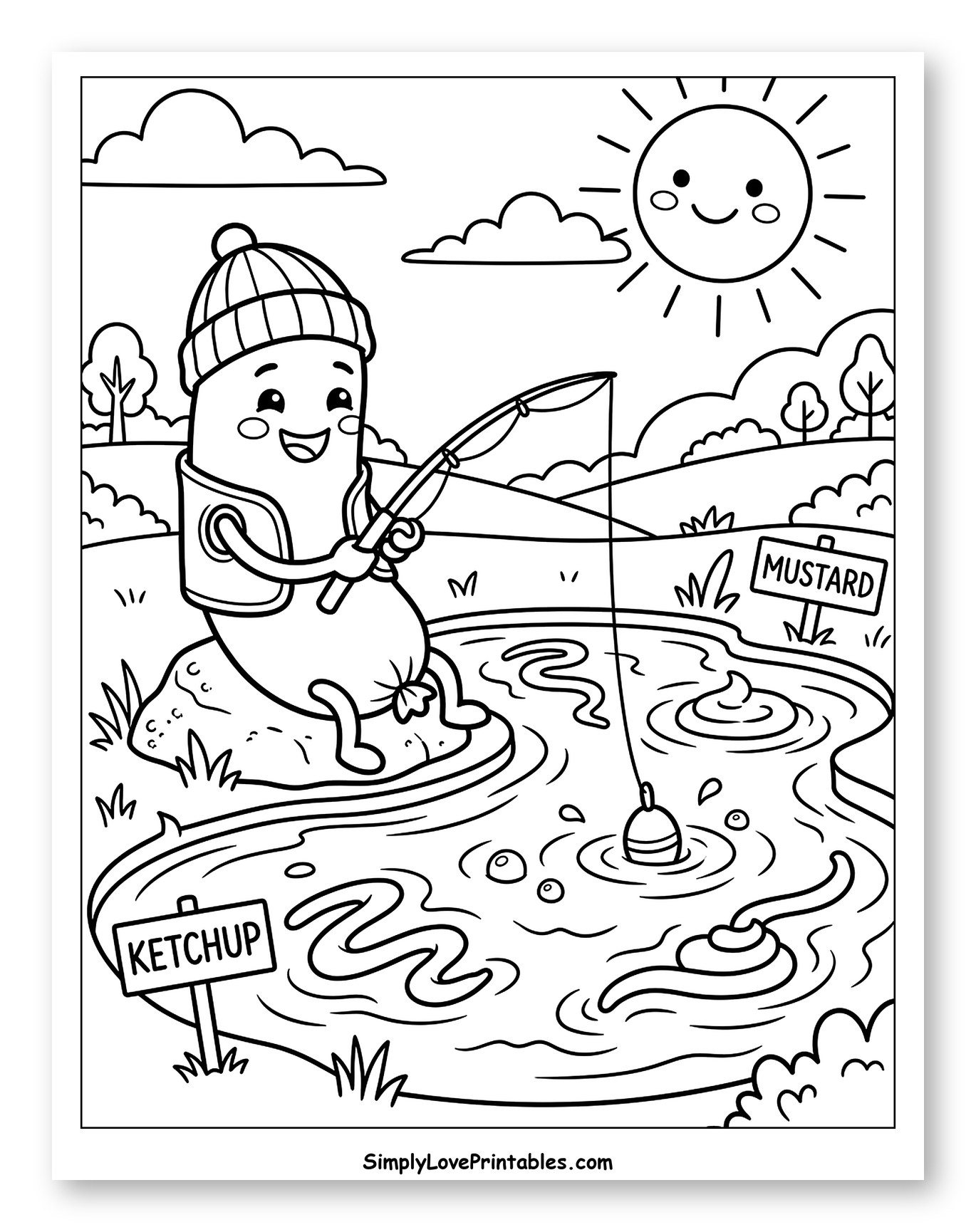 Happy Sausage Fishing with Ketchup and Mustard Signs Coloring Page for Kids