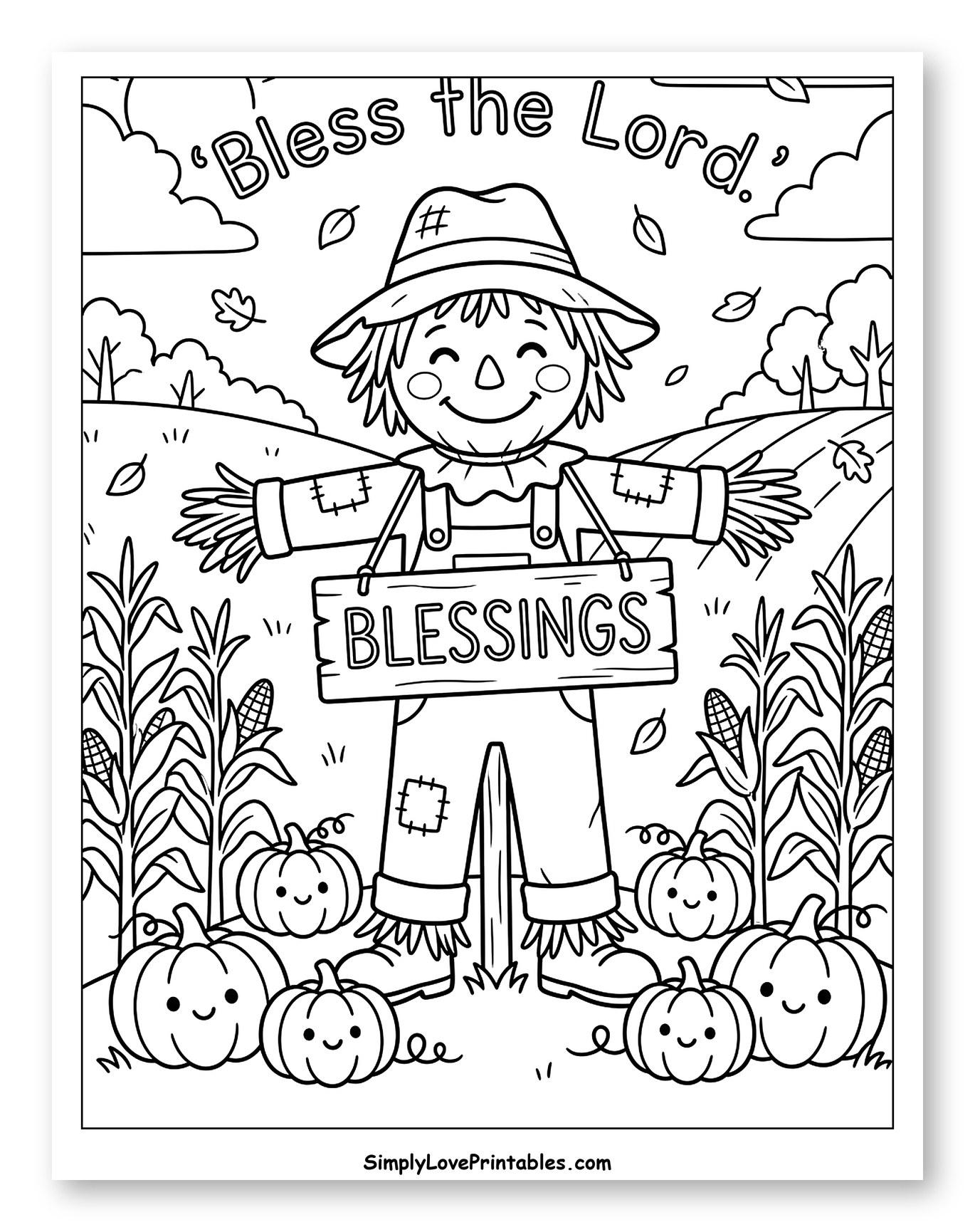 Happy Scarecrow Holding a Blessings Sign Coloring Page for Kids