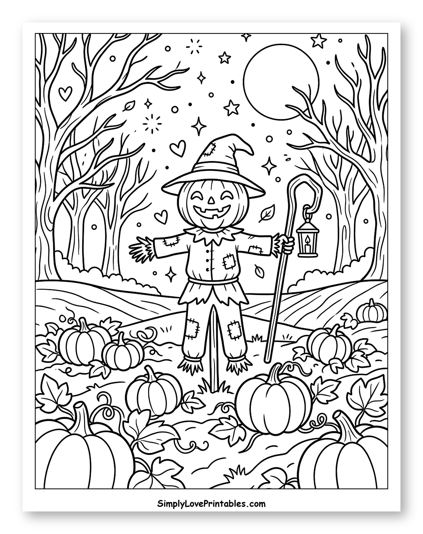 Happy Scarecrow in a Pumpkin Patch at Night