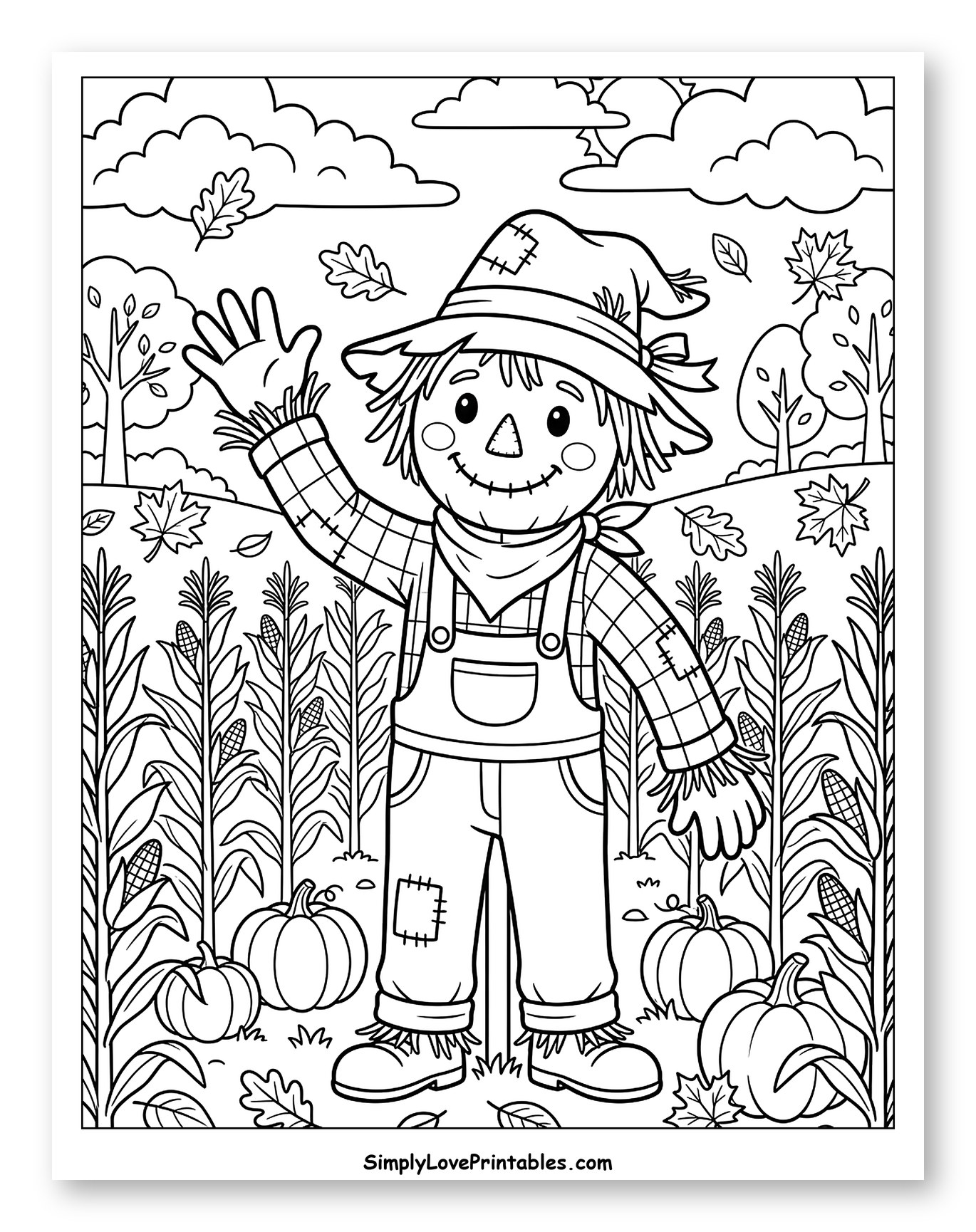Happy Scarecrow Waving in a Fall Cornfield