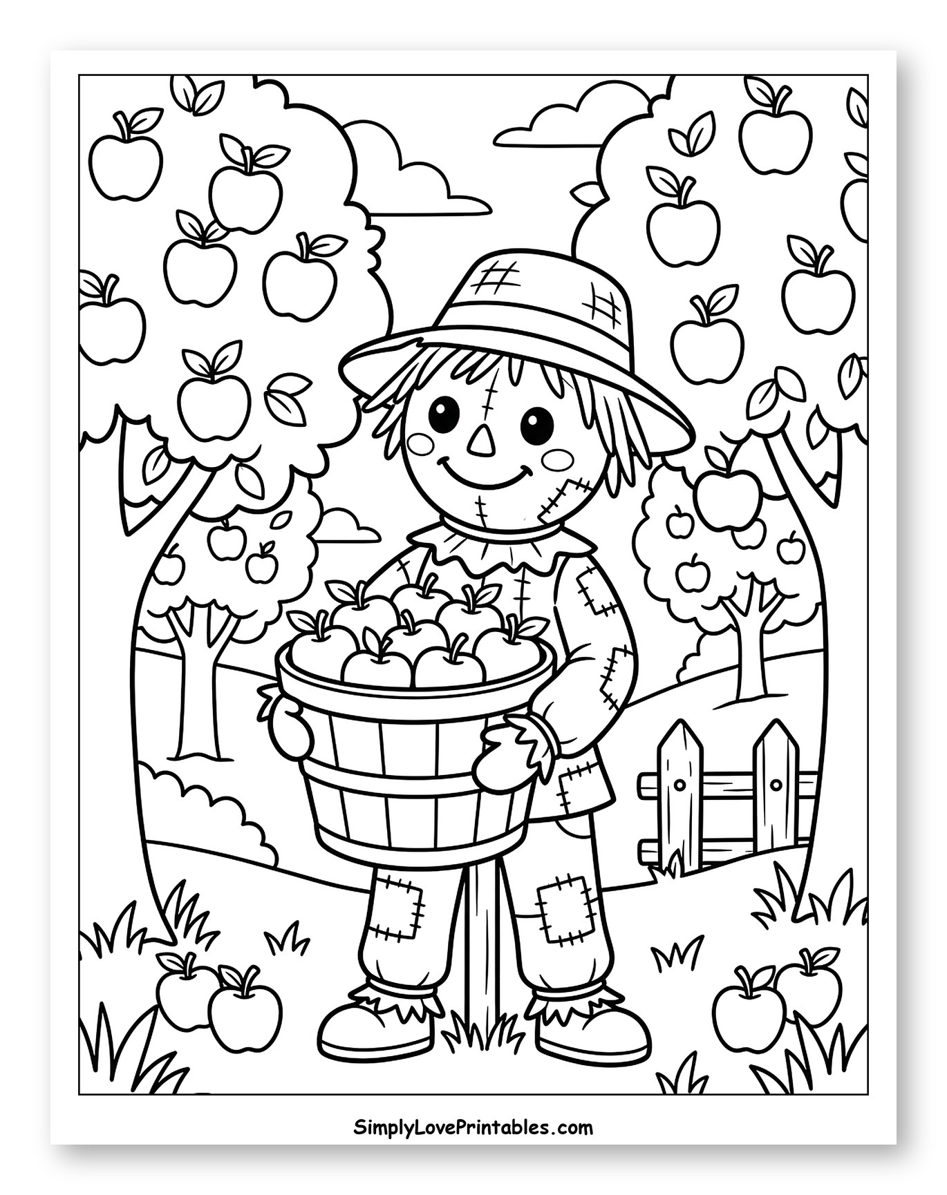 Happy Scarecrow with Apples in an Orchard
