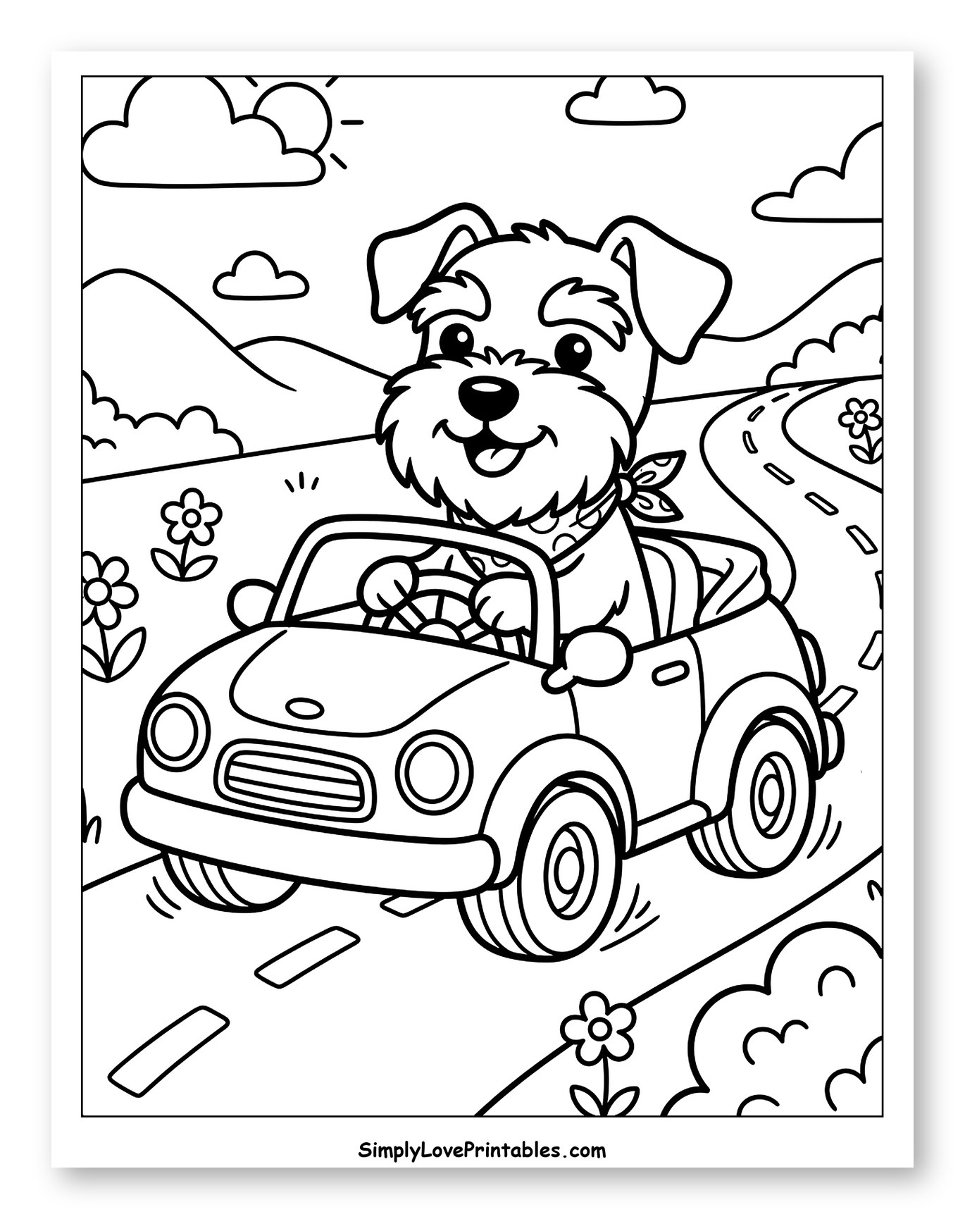 Happy Schnauzer Driving Convertible Car Through Hills Coloring Sheet for Kids