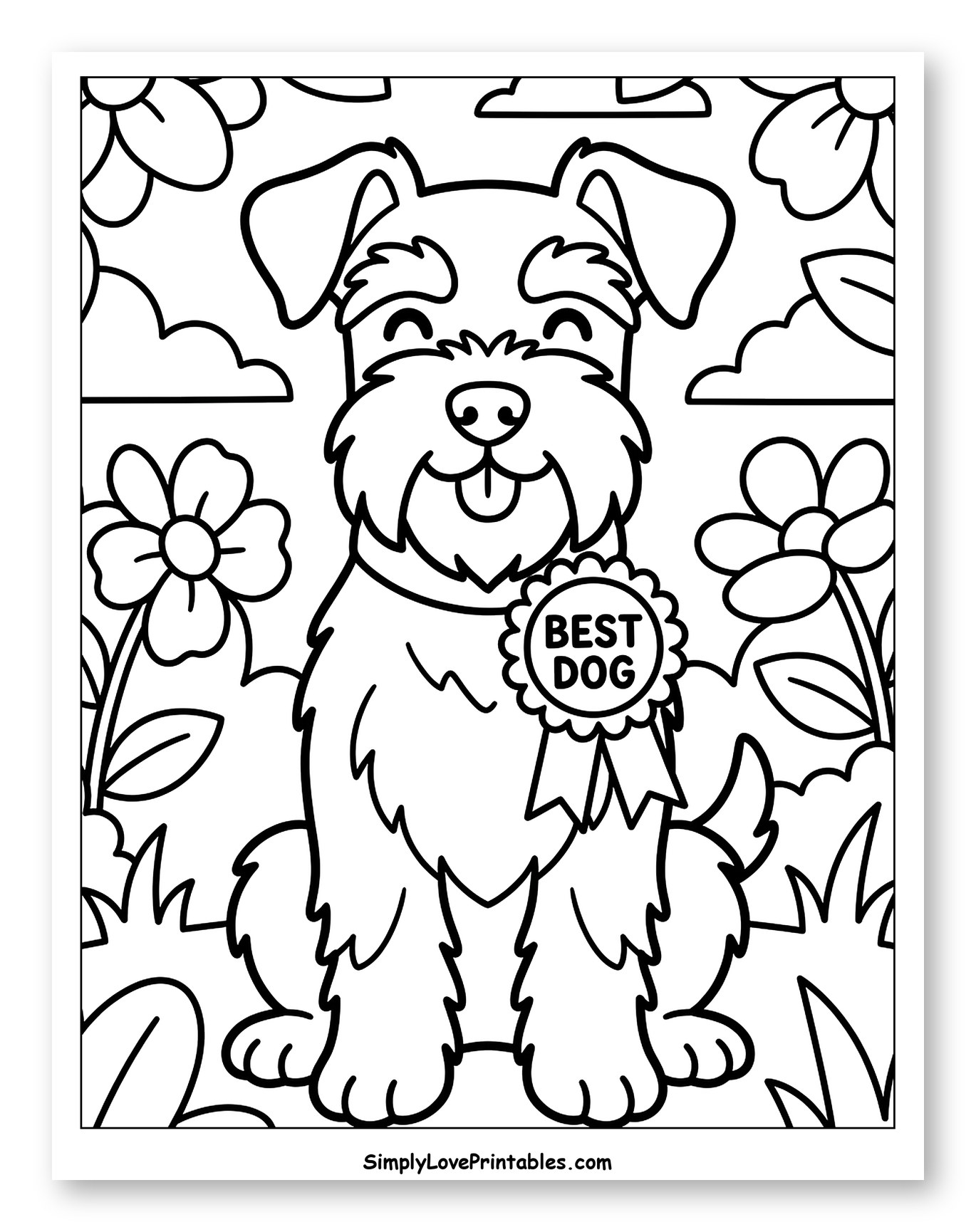 Happy Schnauzer in a Garden with Ribbon to Color for Kids