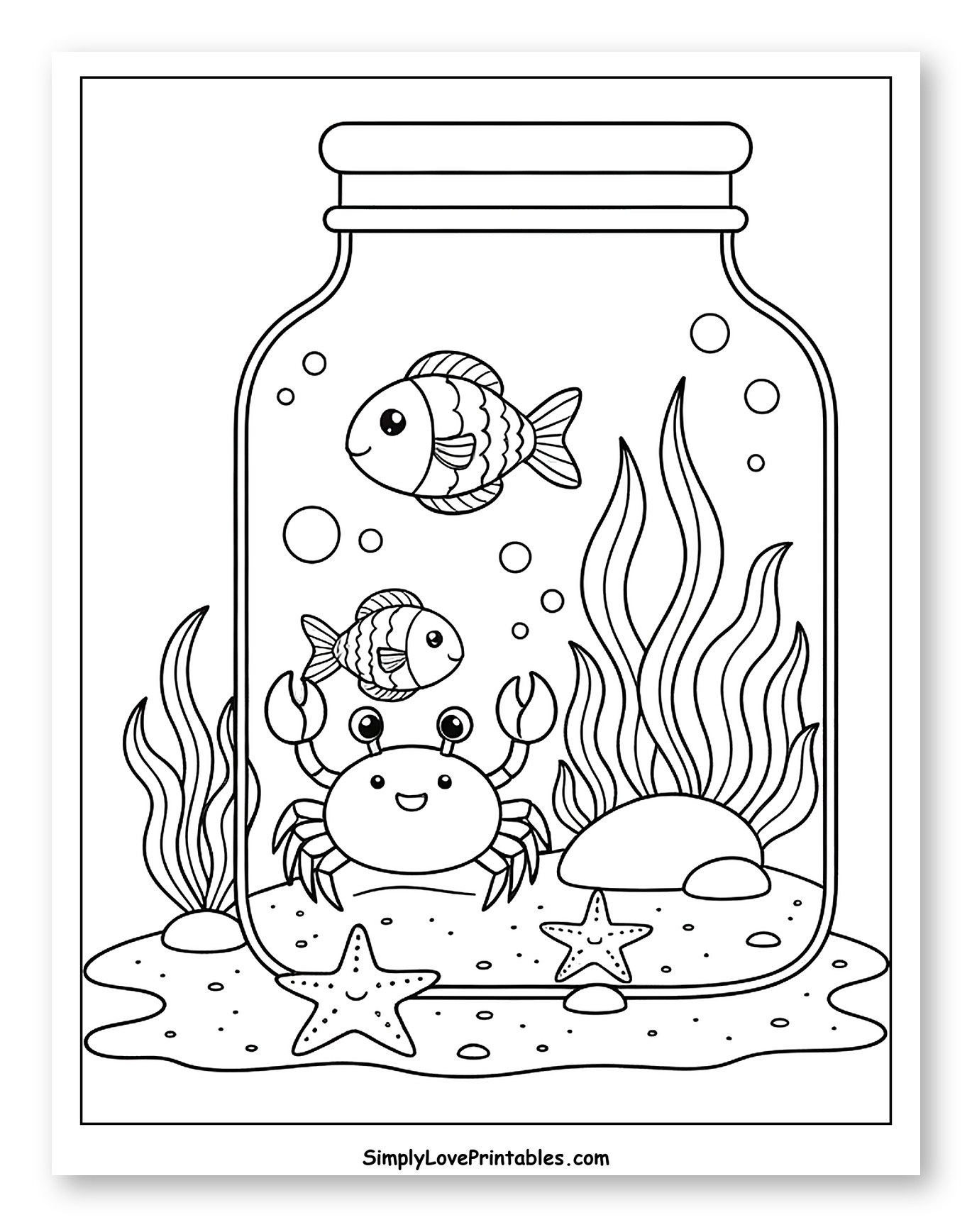 Happy Sea Creatures in a Glass Jar Coloring Page for Kids