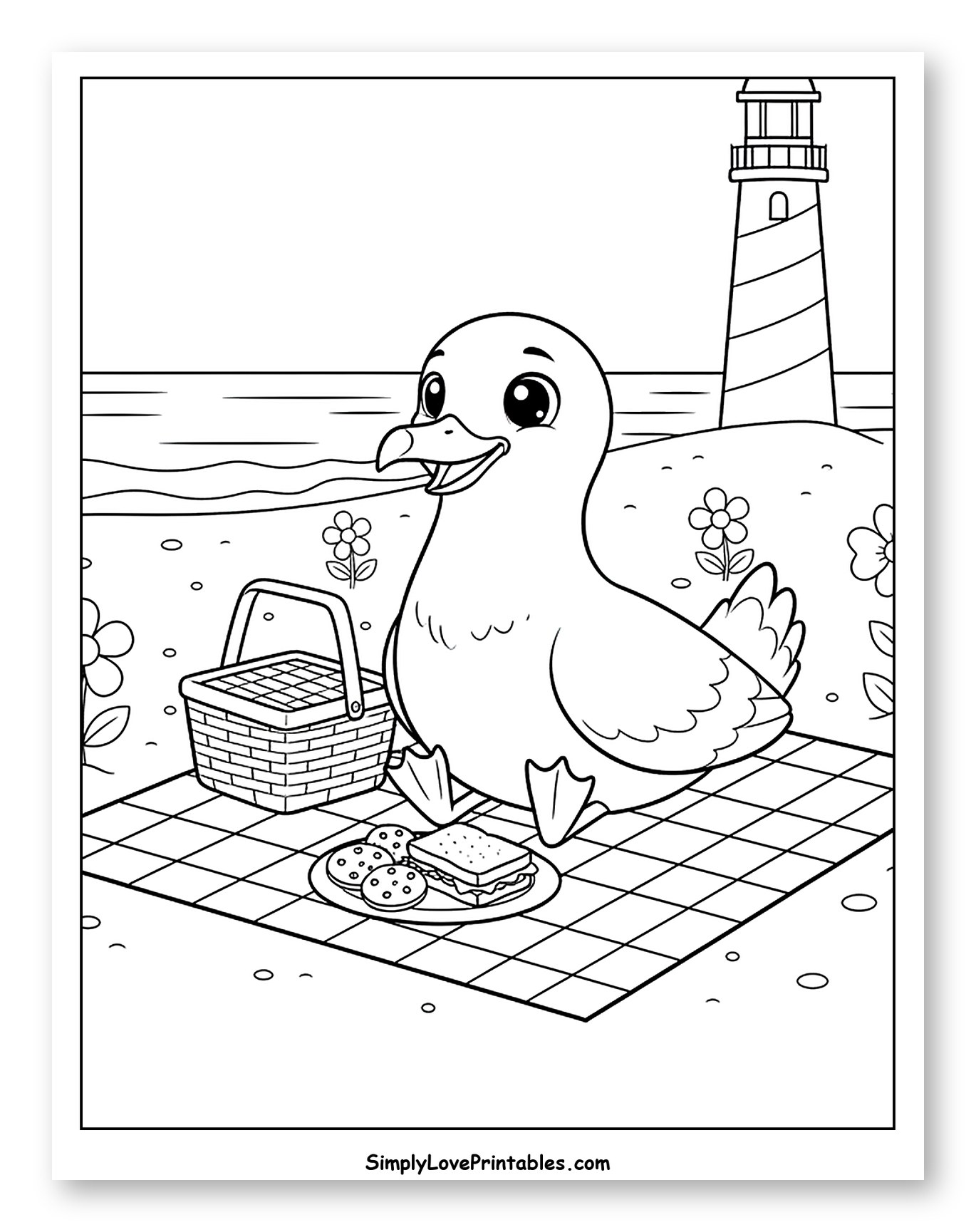 Happy Seagull Having a Picnic at the Beach