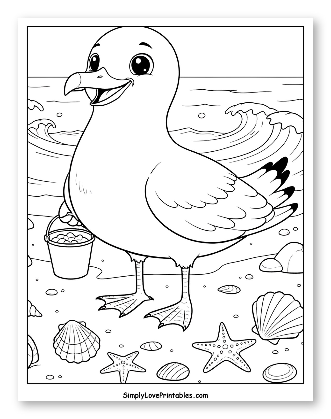 Happy Seagull on Beach with Shells and Waves