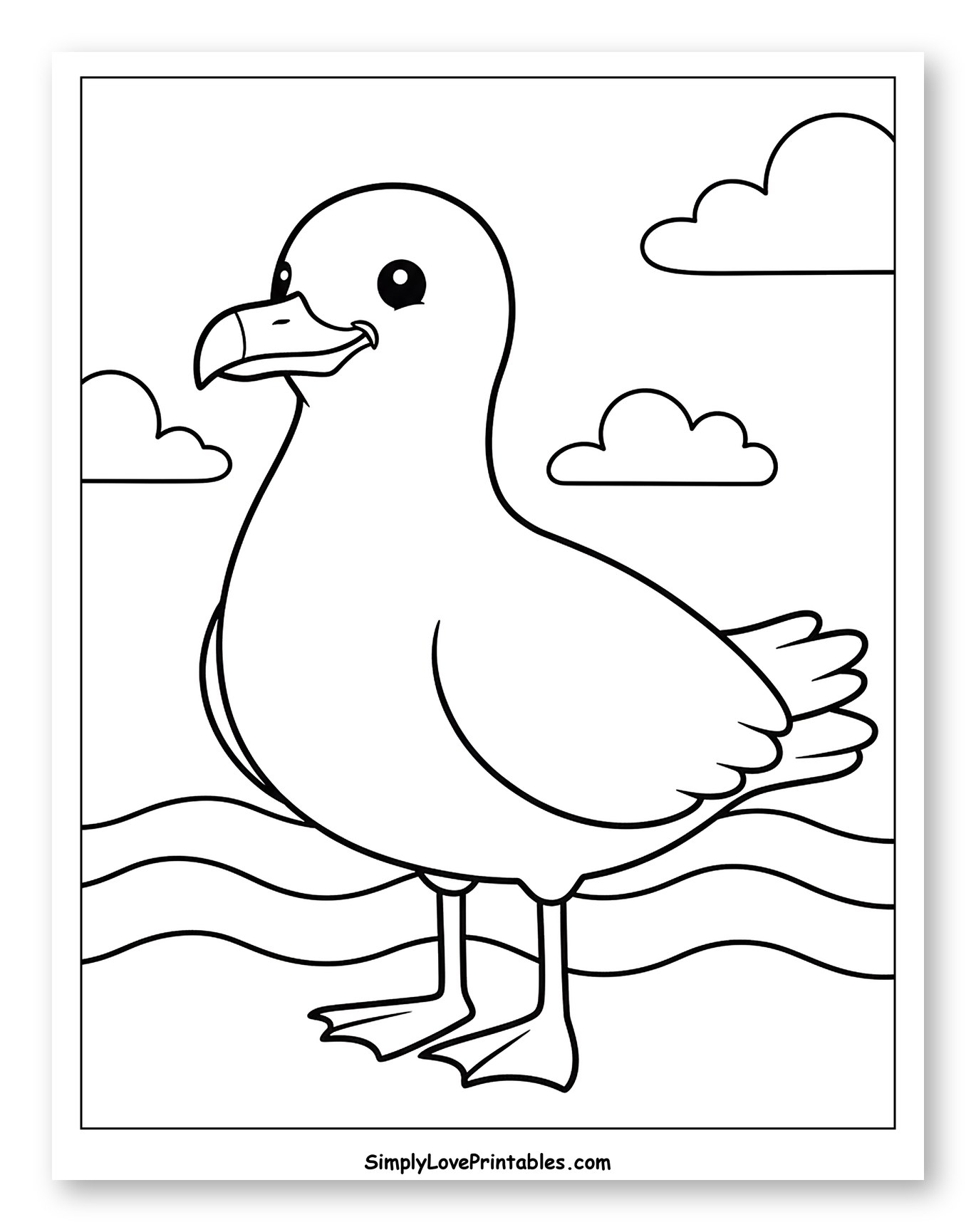 Happy Seagull Standing on Water Under Clouds