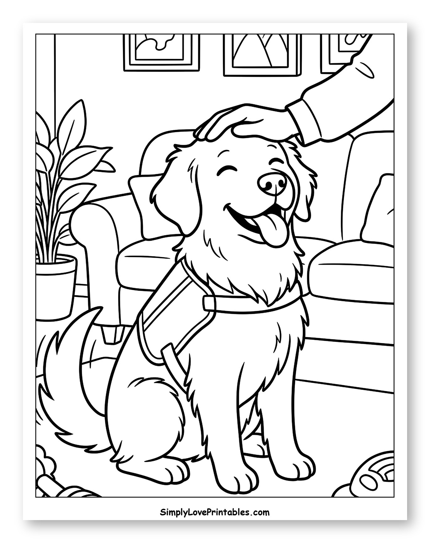 Happy Service Dog Being Petted Coloring Page for Kids