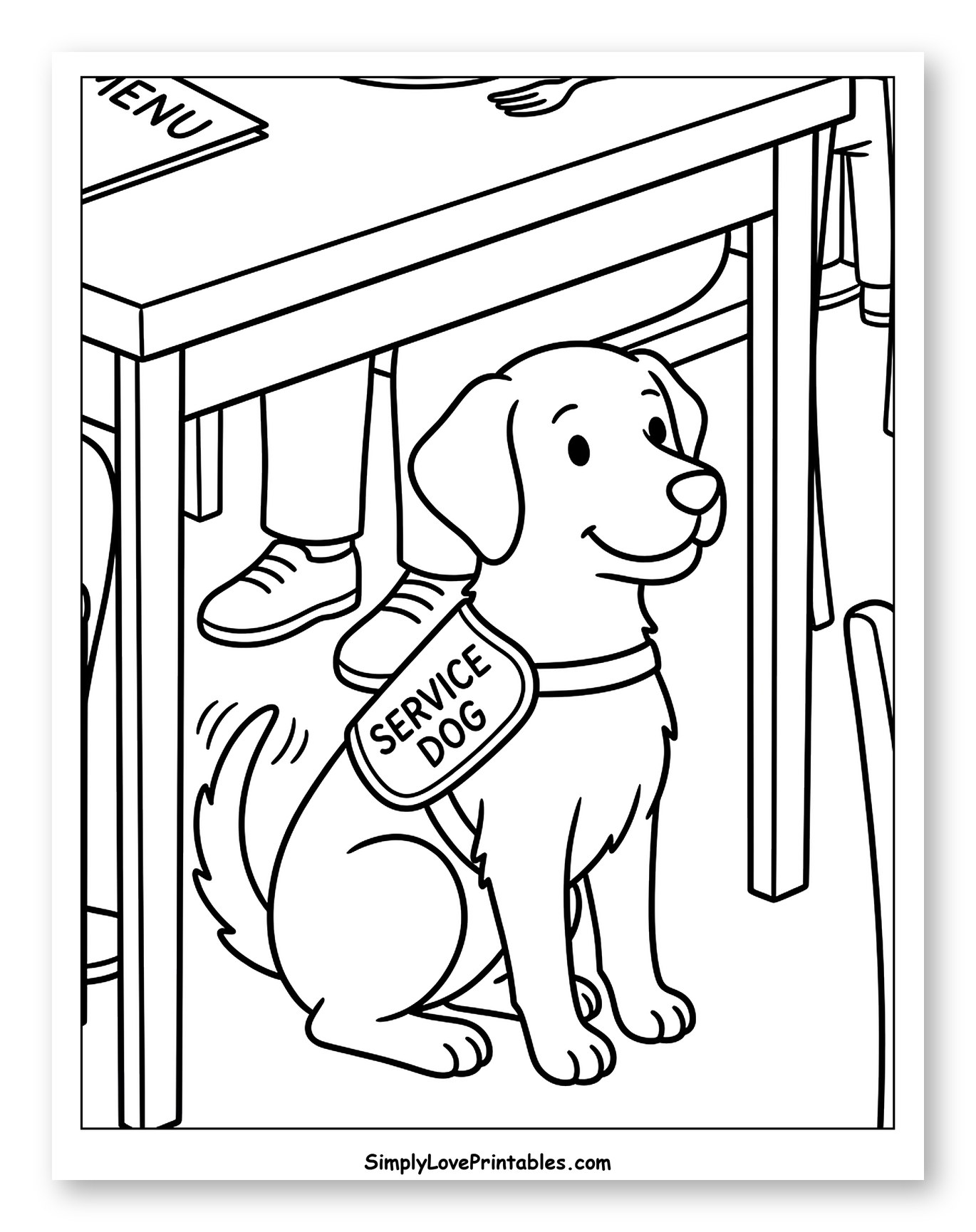 Happy Service Dog Seated at Restaurant to Color for Kids
