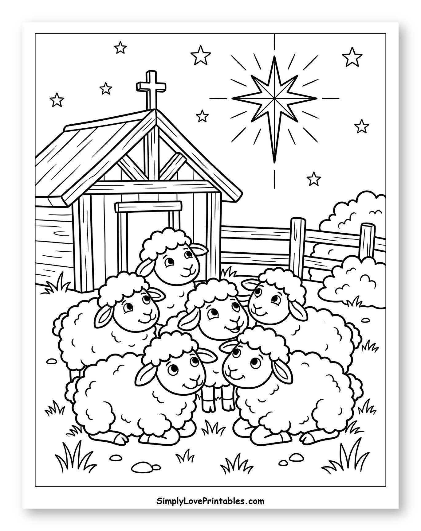 Happy Sheep Under the Star of Bethlehem Coloring Page for Kids