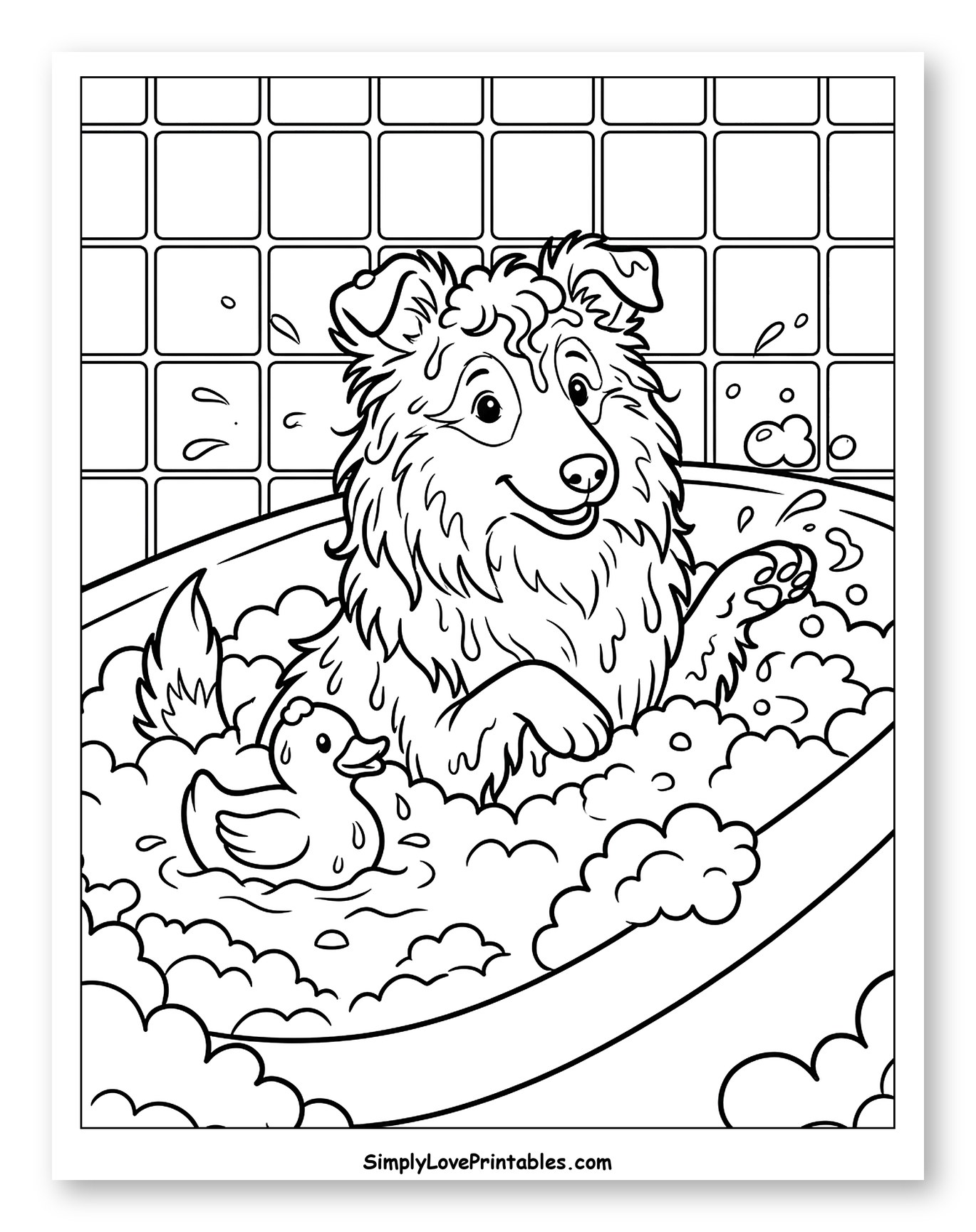 Happy Sheltie Puppy in a Bubble Bath to Color for Kids
