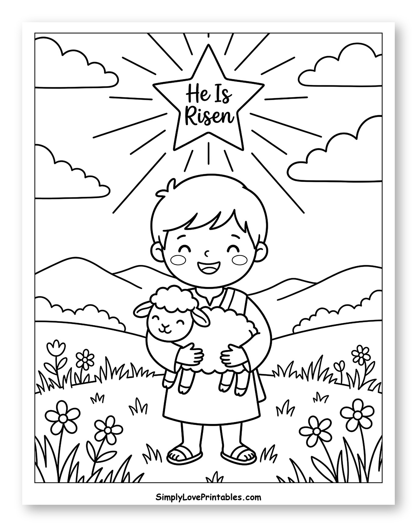 Happy Shepherd Boy Holding Lamb with Star to Color for Kids
