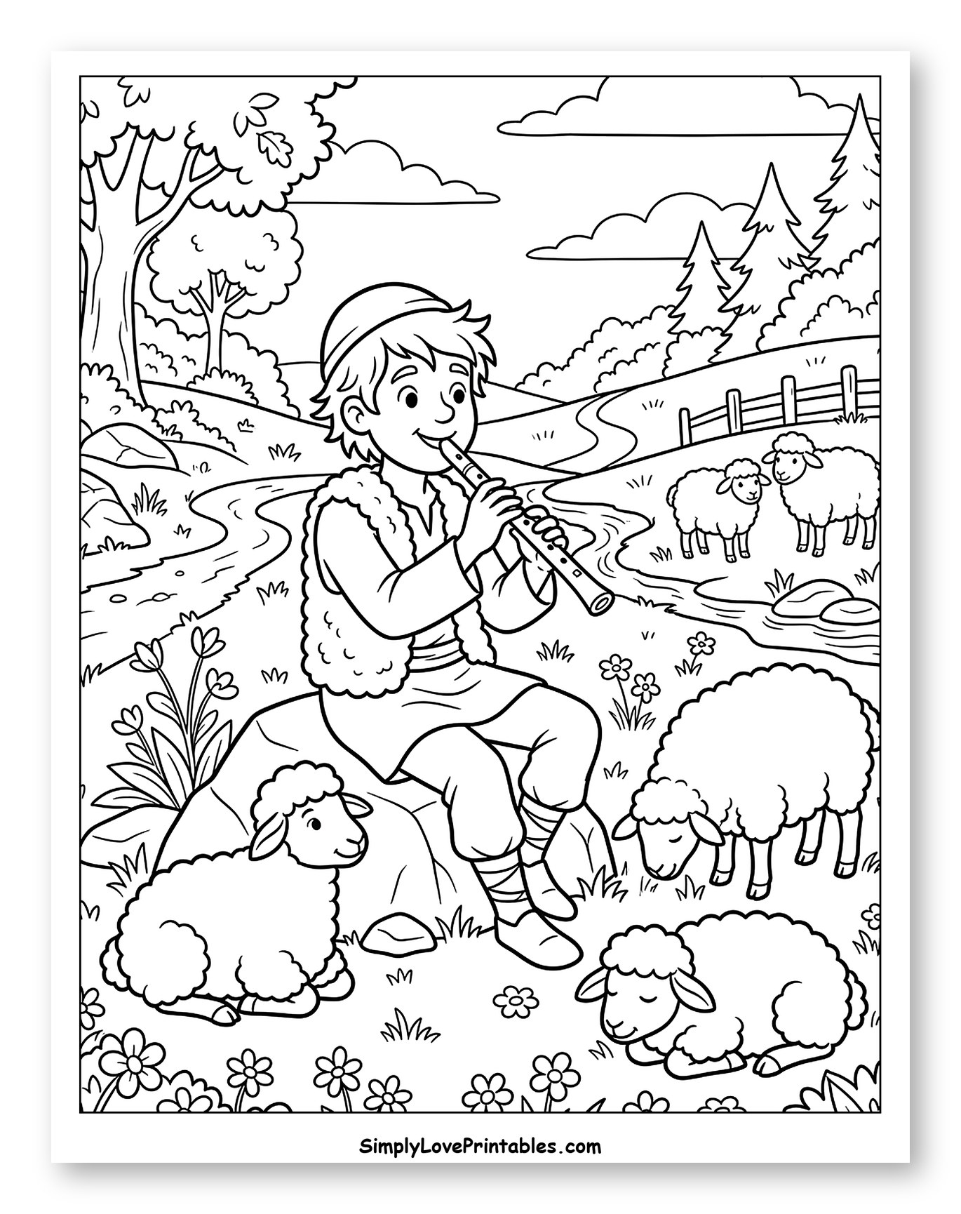 Happy Shepherd Boy Playing Flute with Sheep Coloring Sheet for Kids