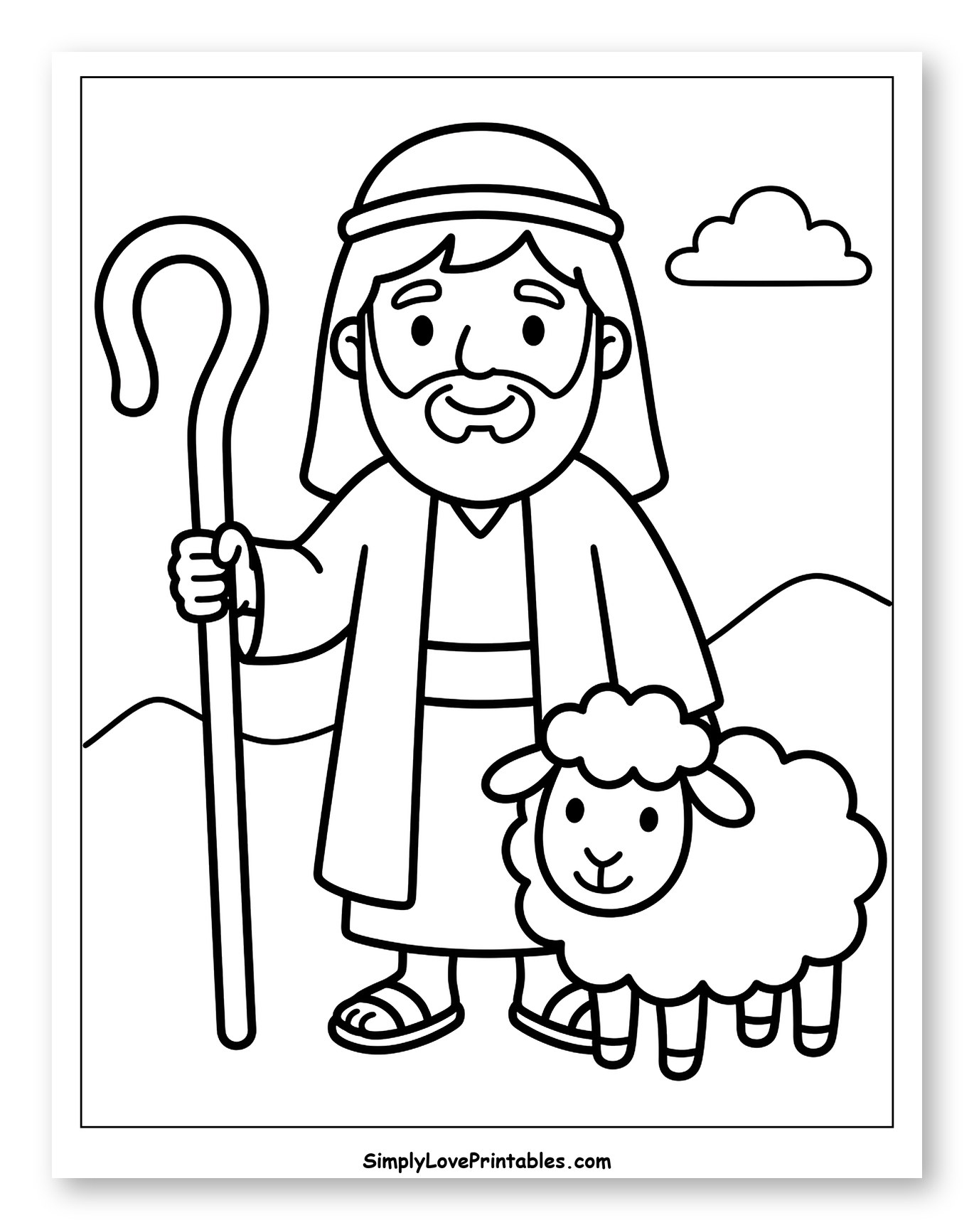 Happy Shepherd Holding Staff with Sheep