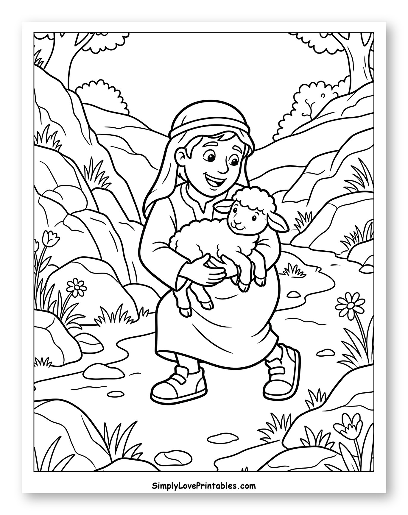 Happy Shepherd with a Lamb Coloring Sheet for Kids