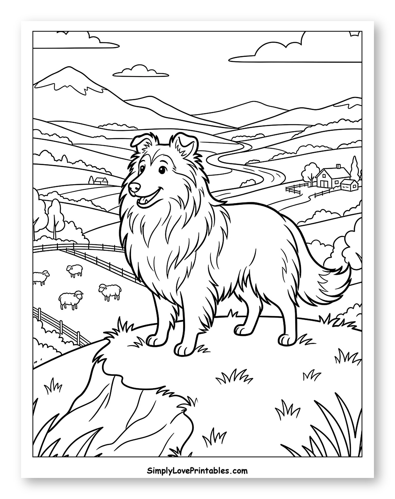 Happy Shetland Sheepdog Overlooking a Countryside Landscape