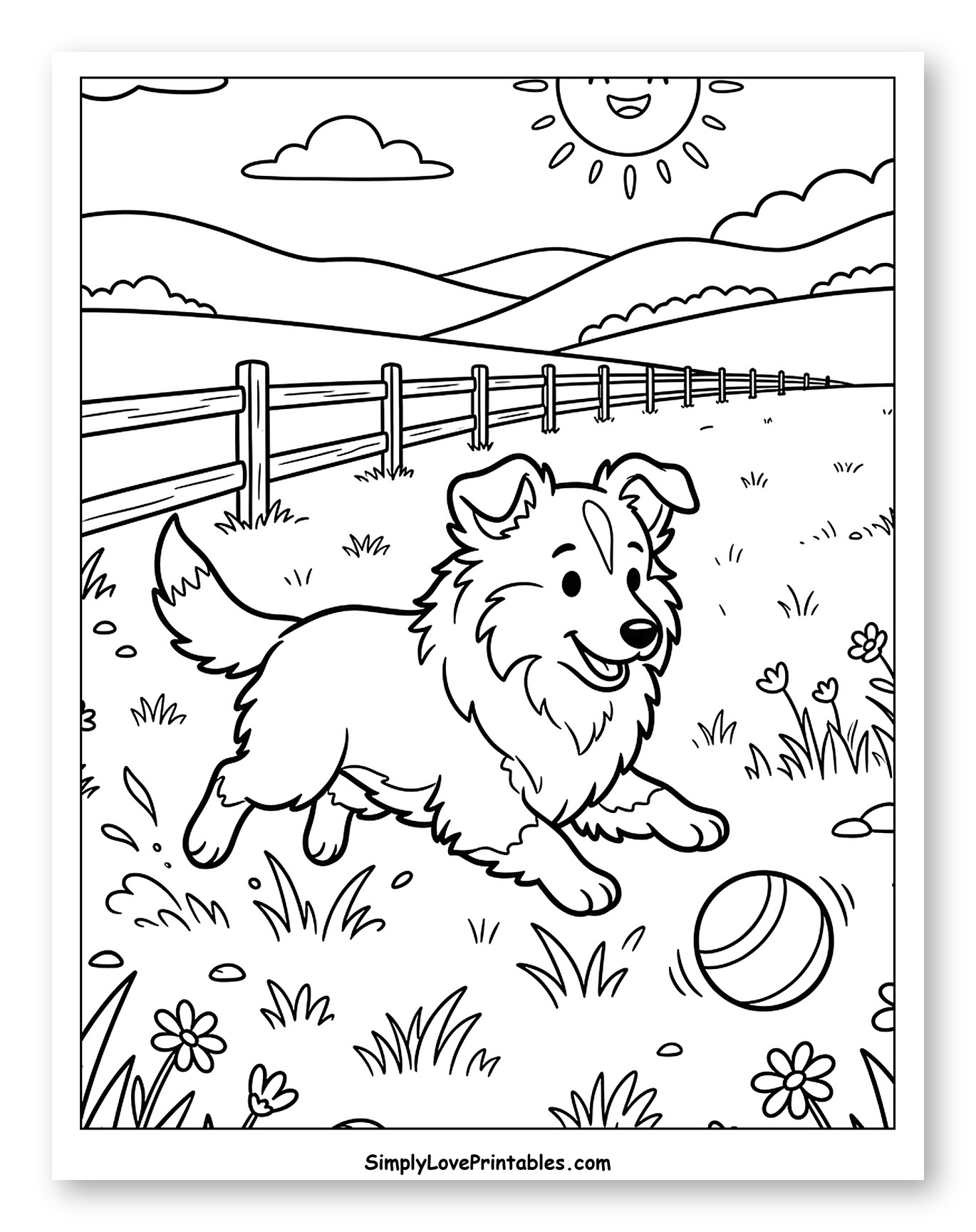 Happy Shetland Sheepdog Playing with Ball to Color for Kids