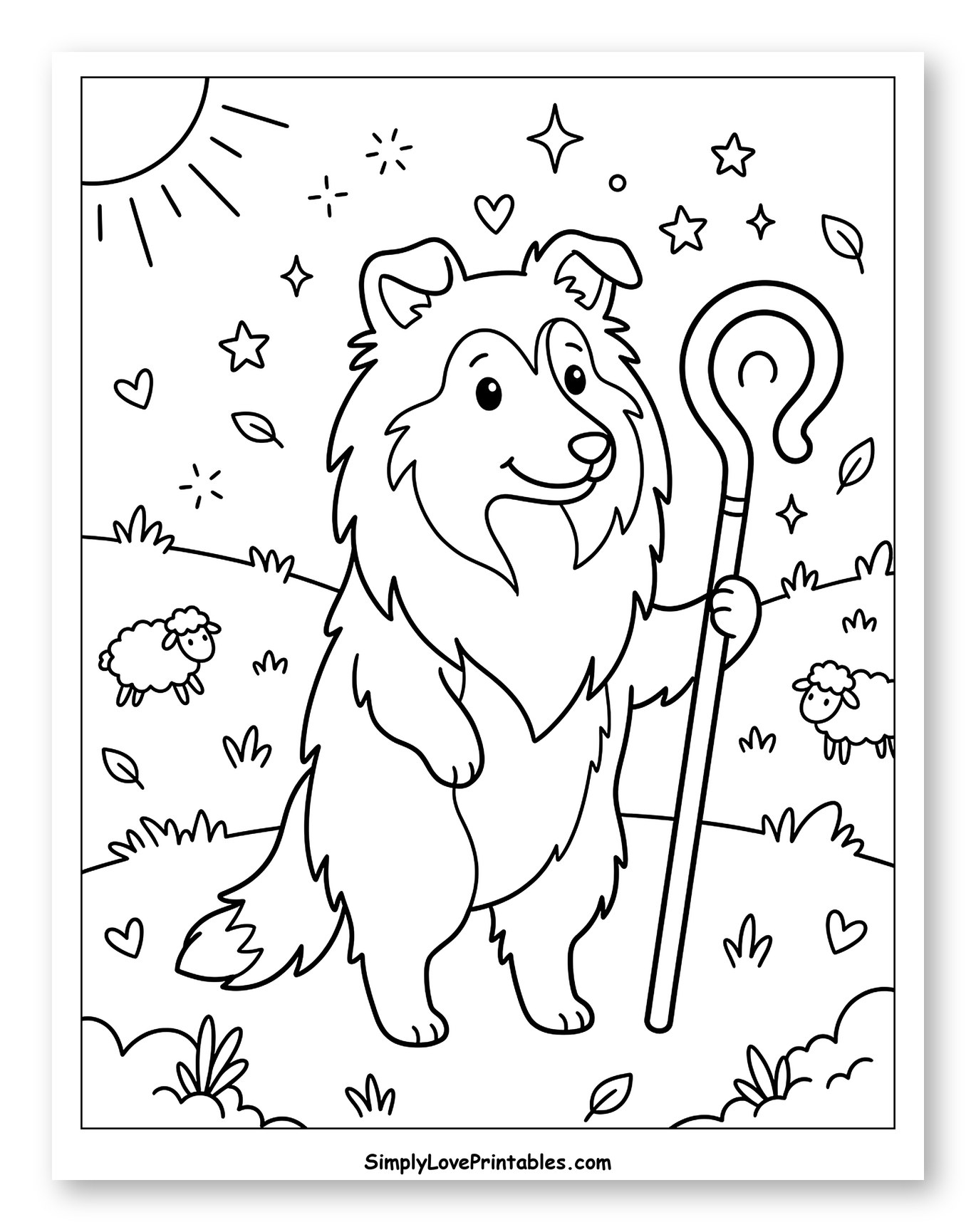 Happy Shetland Sheepdog with Shepherd's Crook to Color for Adults