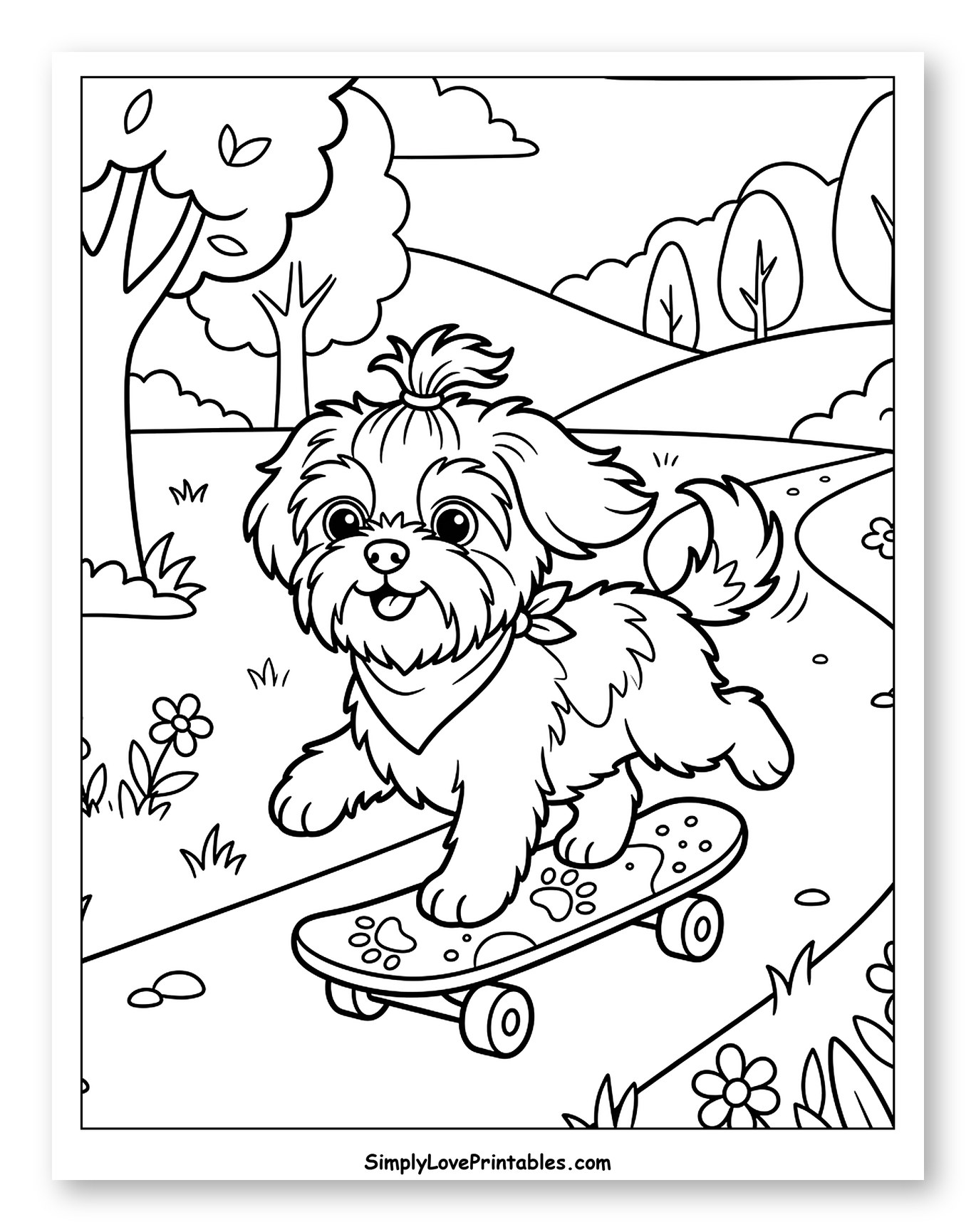Happy Shih Tzu Dog Riding Skateboard Outdoors Coloring Page for Kids