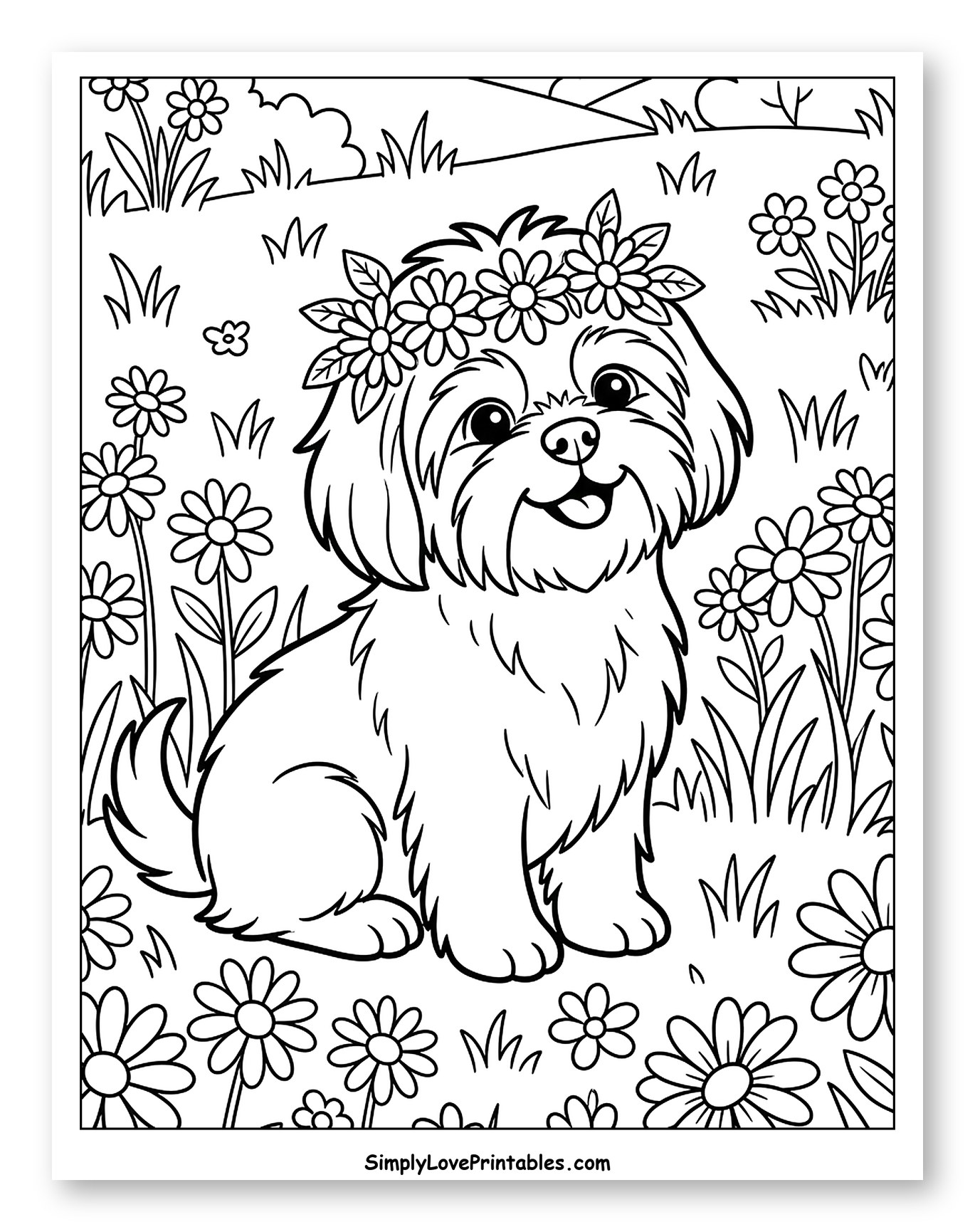 Happy Shih Tzu Dog with Flower Crown to Color for Kids