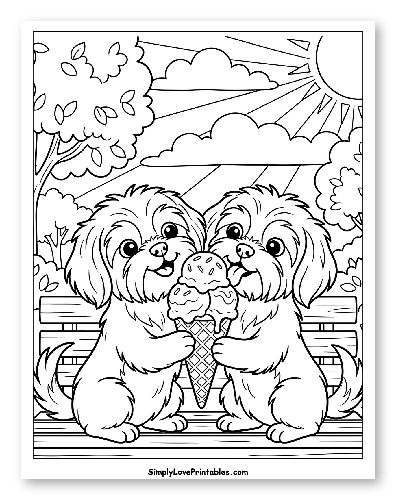 Happy Shih Tzu Puppies with Ice Cream Cone Coloring Page for Kids