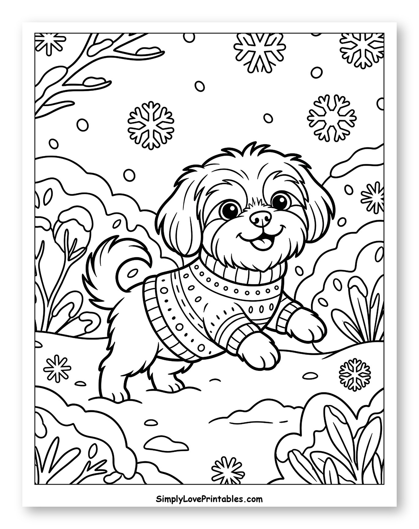 Happy Shih Tzu Puppy in a Snowy Landscape Coloring Sheet for Kids