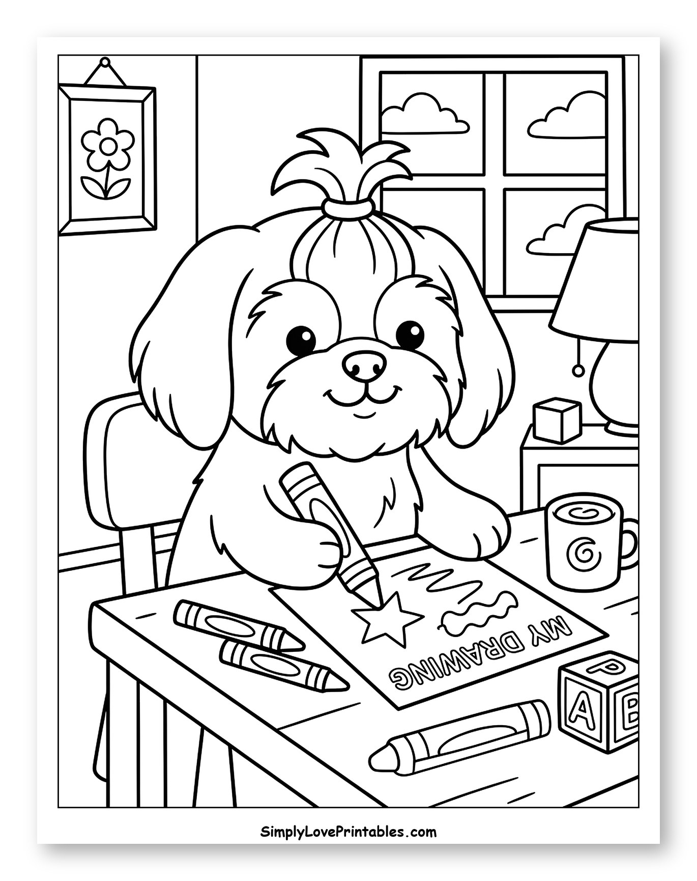 Happy Shih Tzu Puppy Making Art Coloring Sheet for Kids