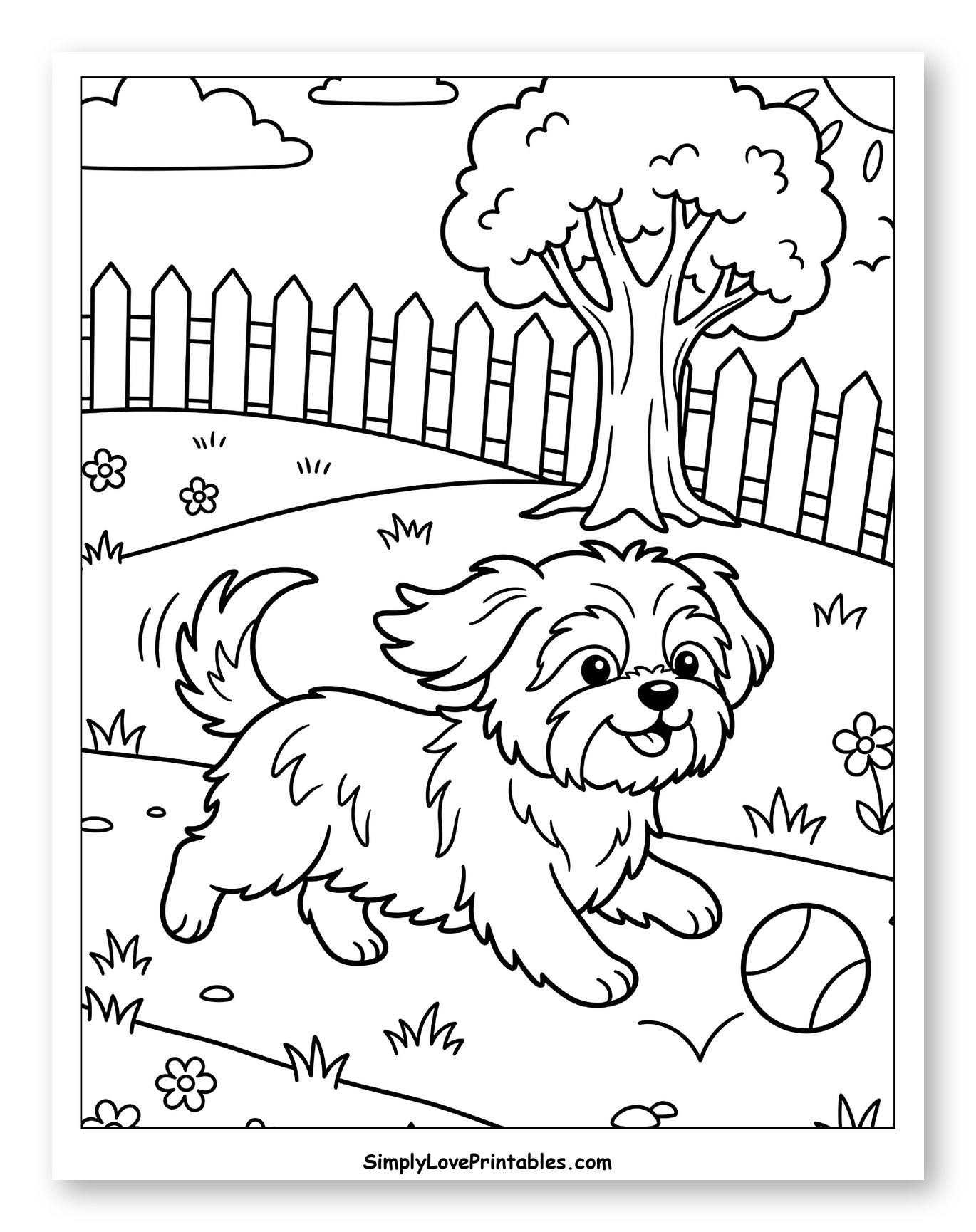 Happy Shih Tzu Puppy Playing with a Ball Coloring Page for Kids