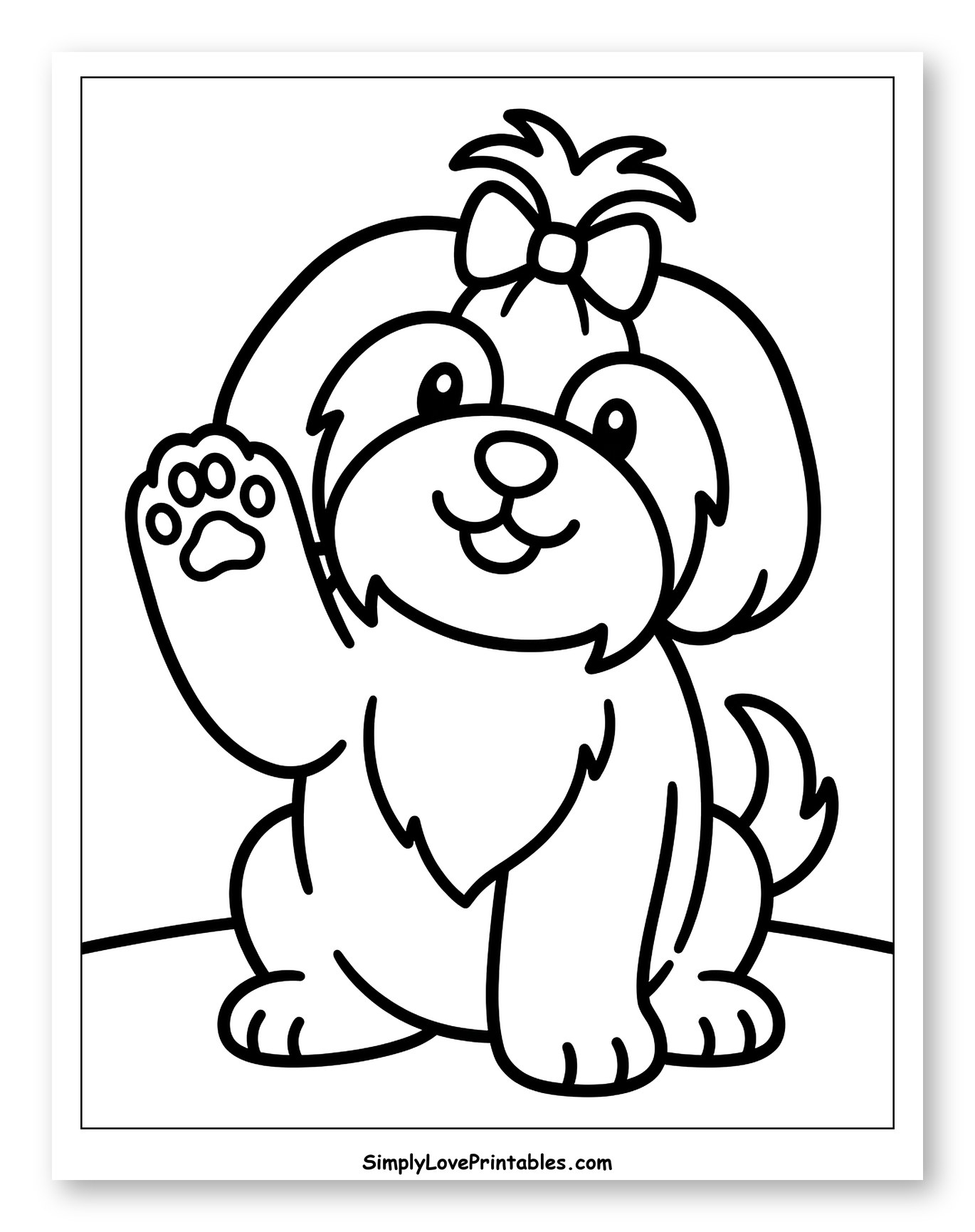 Happy Shih Tzu Puppy Waving with a Bow Coloring Page for Toddlers