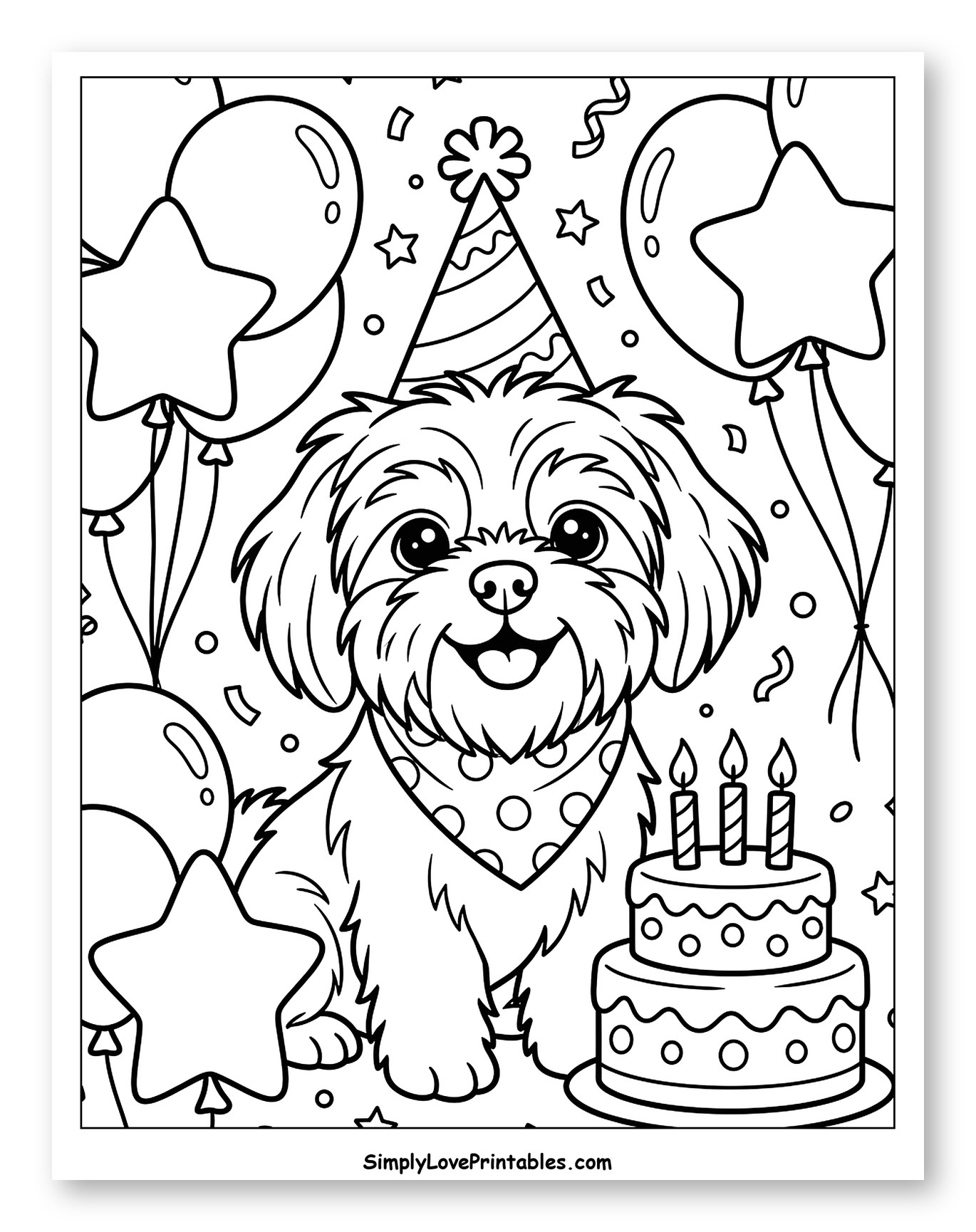 Happy Shih Tzu with Birthday Cake and Balloons Coloring Page for Kids