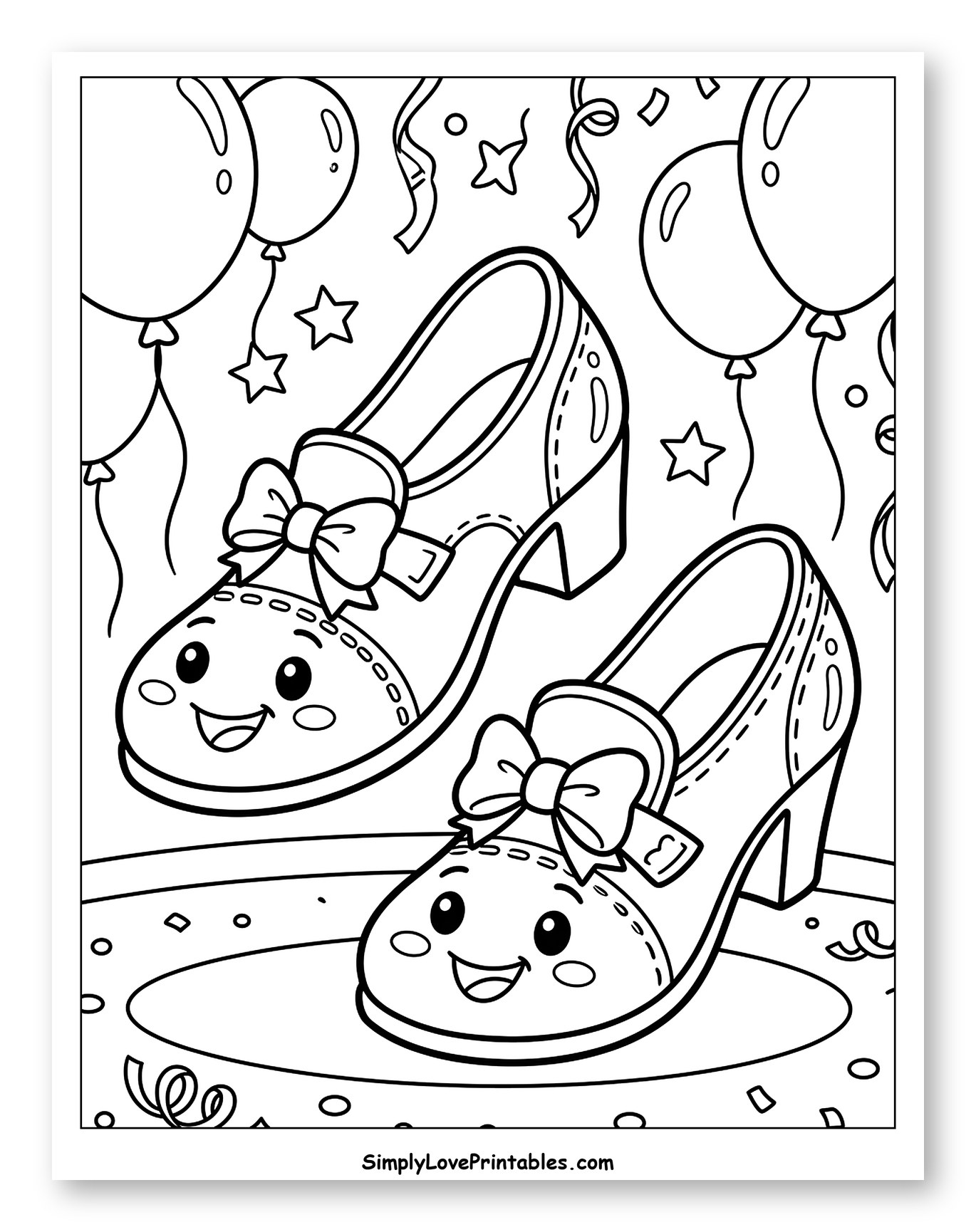 Happy Shoes with Balloons and Confetti to Color for Kids