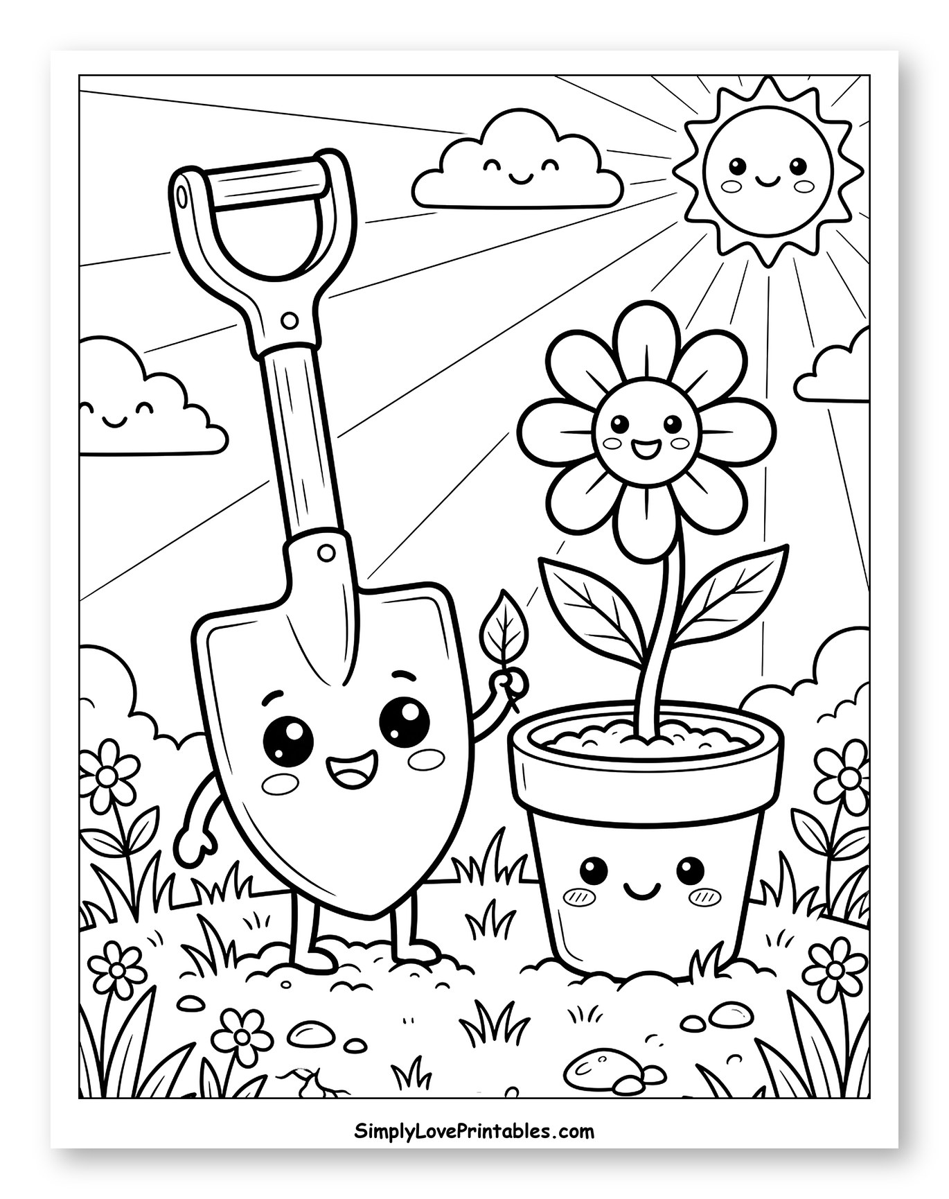 Happy Shovel and Potted Flower in Garden