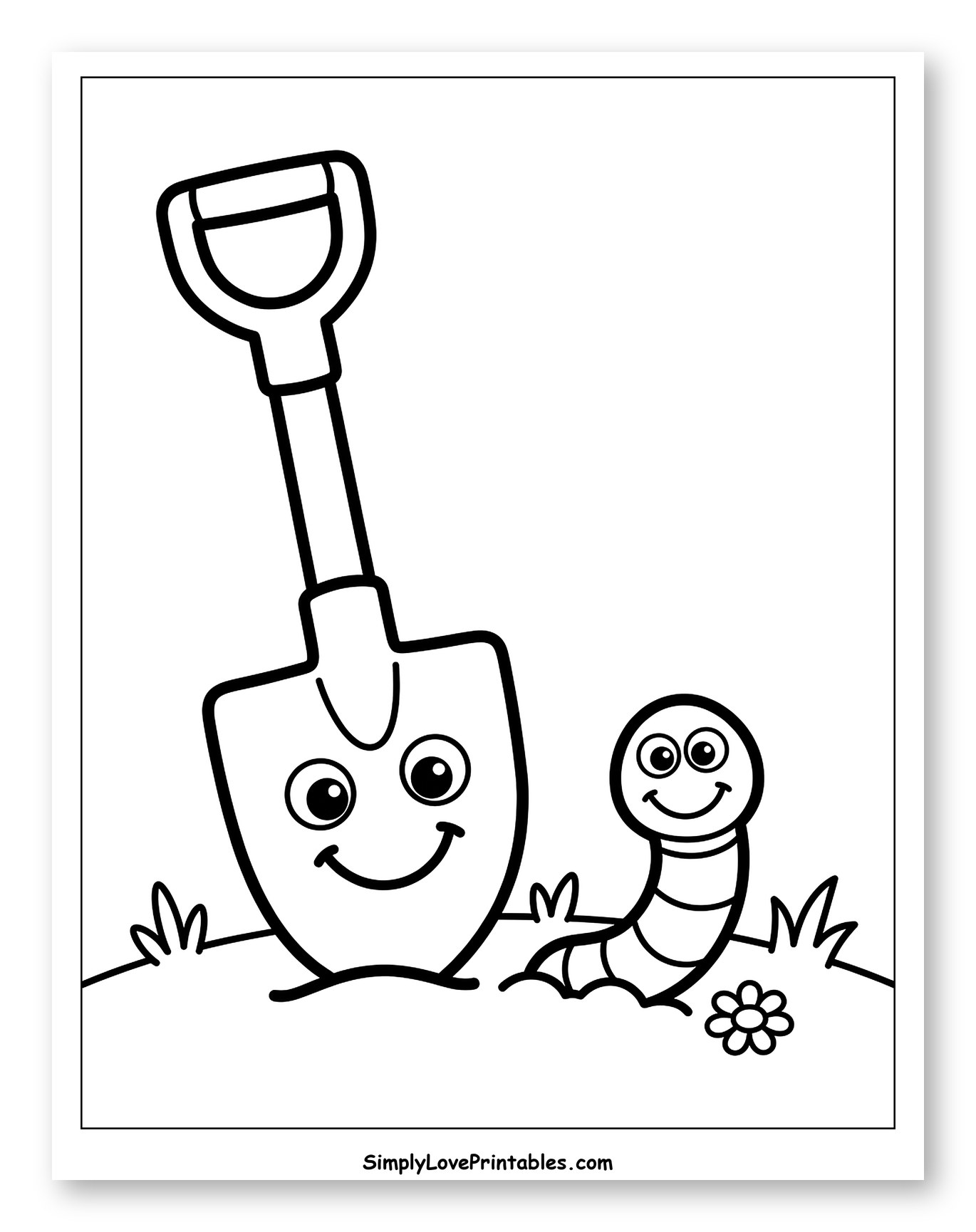 Happy Shovel and Worm in Garden Coloring Sheet for Toddlers