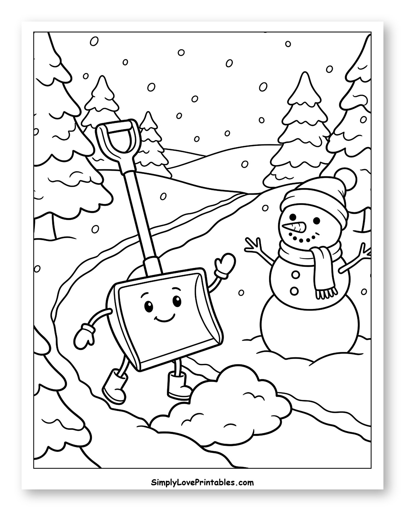Happy Shovel Clearing Snow with a Snowman