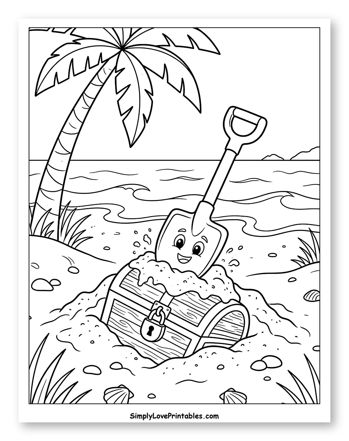 Happy Shovel Digging Up Treasure on Beach to Color for Kids