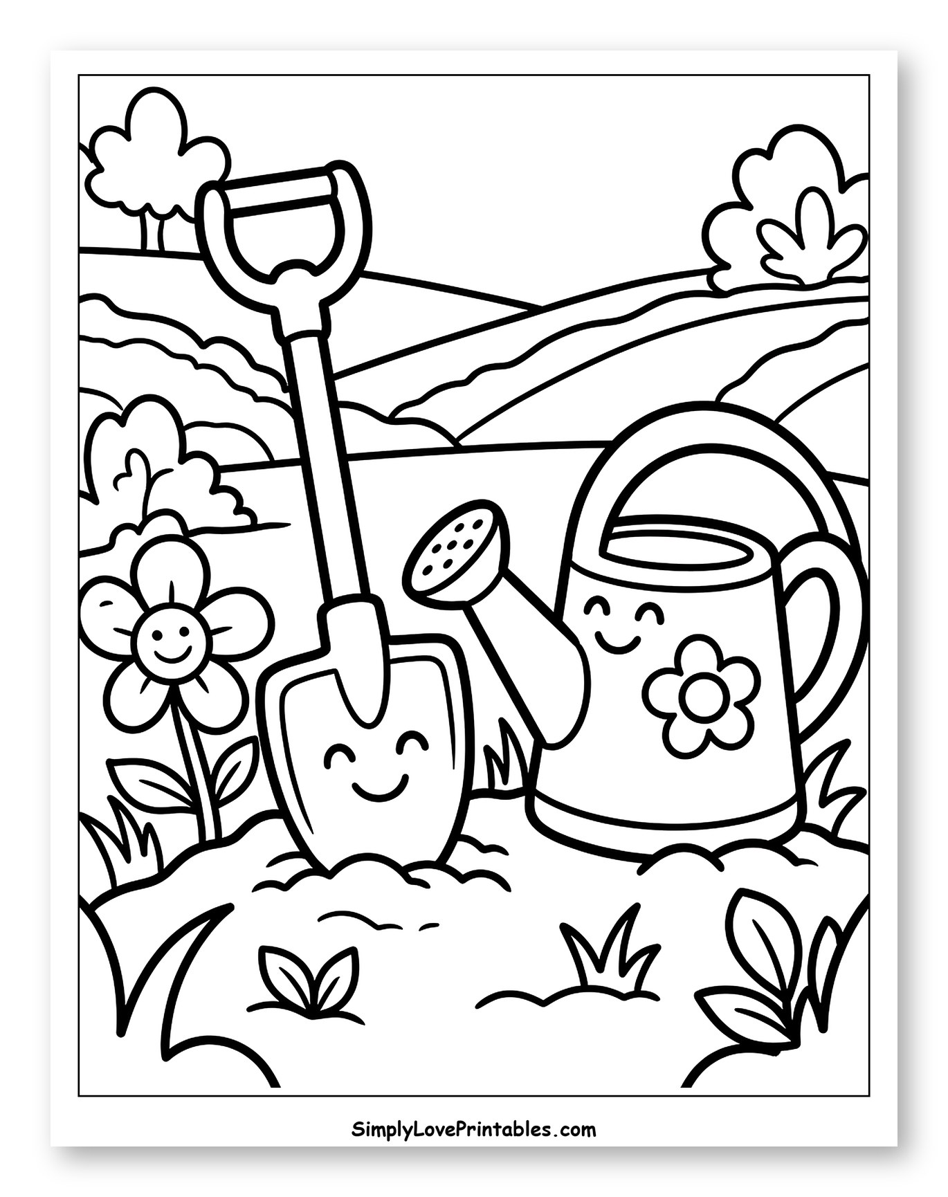 Happy Shovel, Watering Can, and Flower in Garden Coloring Sheet for Toddlers