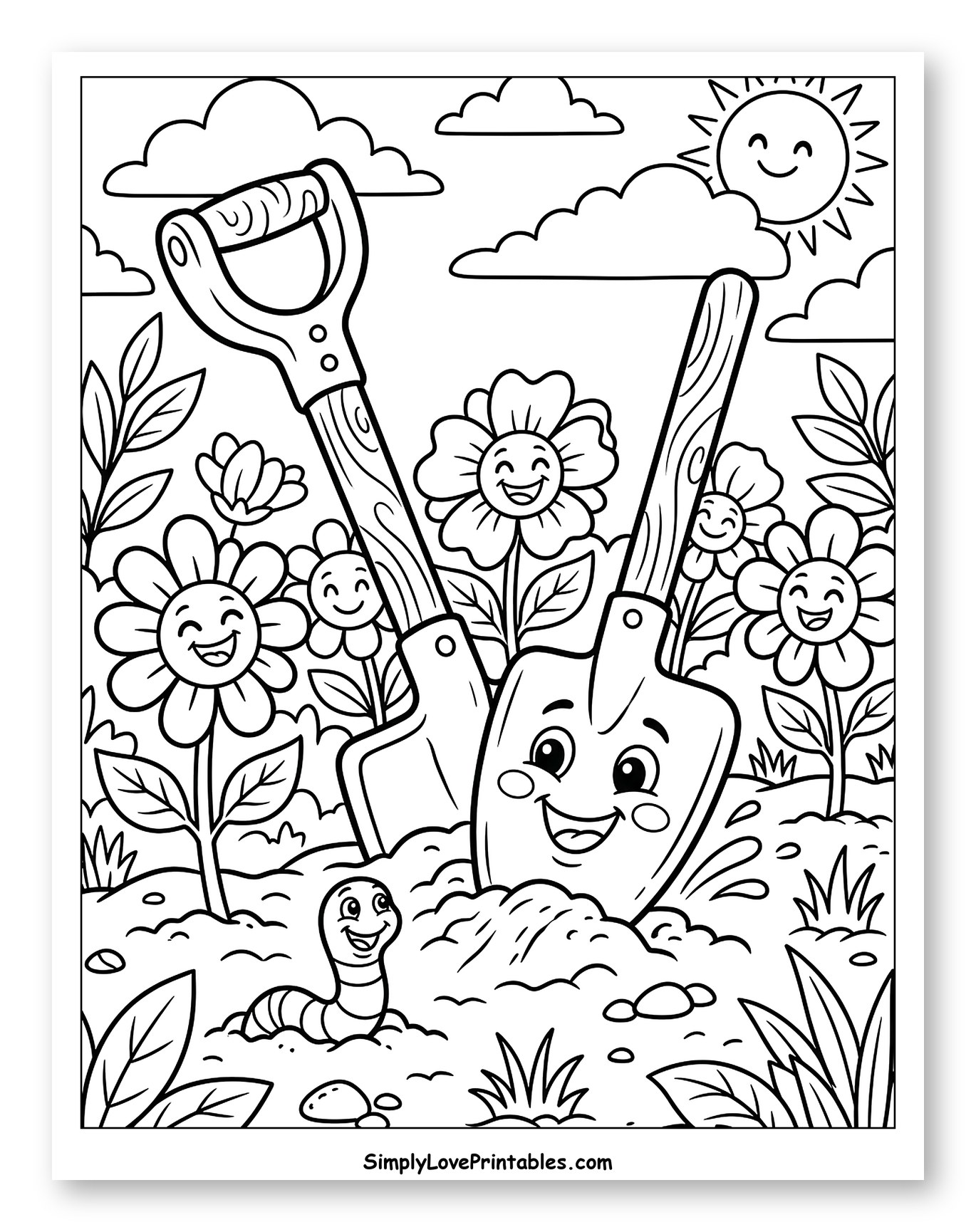 Happy Shovels and Flowers in a Garden