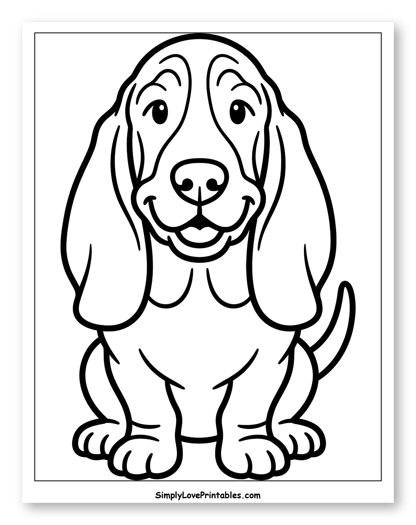 Happy Sitting Basset Hound Puppy Coloring Sheet for Toddlers